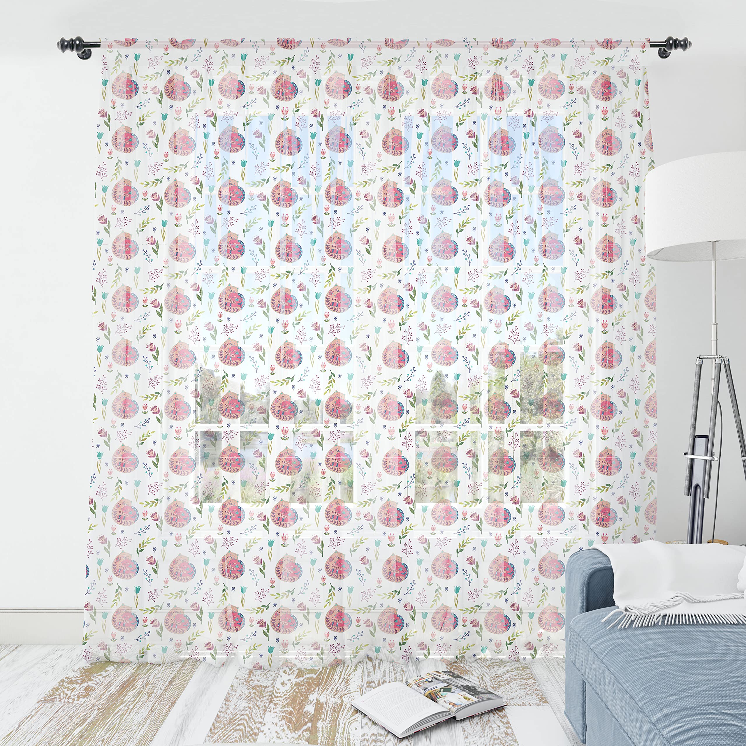 Ambesonne Cat Tulle Curtains with Rod Pocket - Scandinavian Style Kitten Family Design with Berries & Flowers on White Backdrop, Sheer Window Drapes for Living Room, Bedroom, Nursery (2 Panels, 108