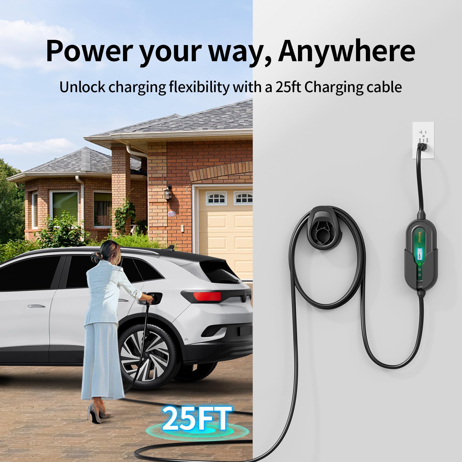 Smart Level 1/2 EV Charger with APP Control - 16A 110V-240V NEMA 6-20 & 5-15 Plug - 25FT J1772 Cable - Portable Electric Vehicle Charging Station - ETL & FCC Certified - Perfect for Home, Office & Travel Use