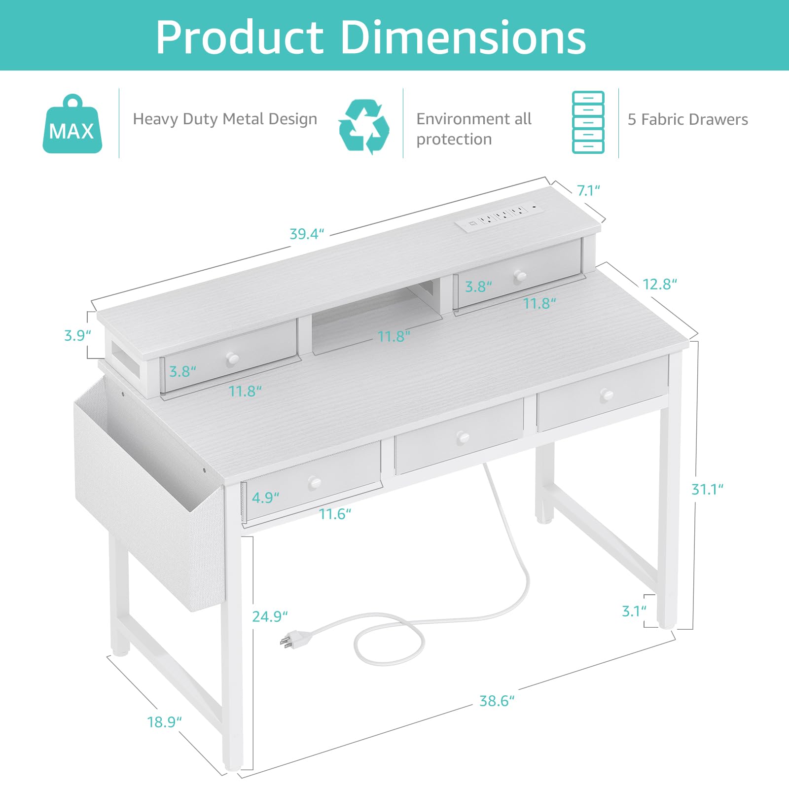 White 40-inch Computer Desk with Fabric Drawers & Power Outlet - Home Office Desk, Vanity Makeup Table with Storage for Bedroom, Study Writing Desk with Monitor Stand - Perfect for Remote Work, Gaming Setup & Beauty Station