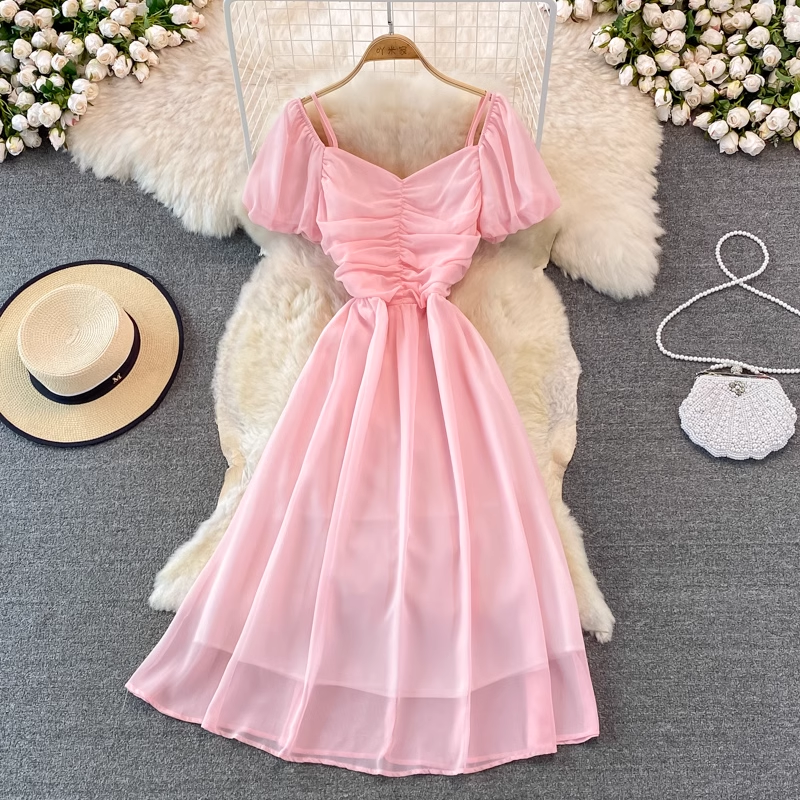 Bubble Short Sleeve Square Neck Dress - Pleated A-Line Chiffon Long Skirt for Women | Summer Casual Flowy Dress for Beach, Party & Everyday Wear | Style 926