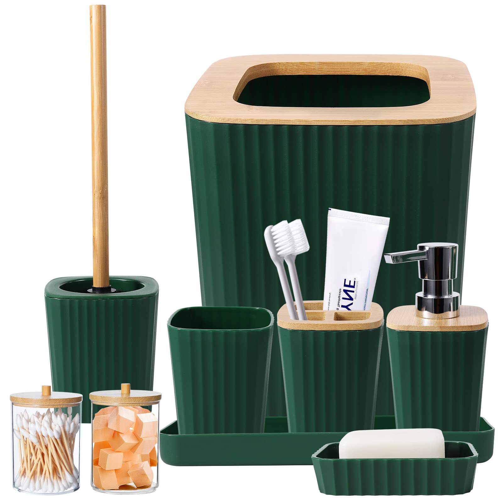 9-Piece Beige Bathroom Accessories Set - Includes Trash Can, Vanity Tray, Soap Dispenser, Soap Dish, Toothbrush Holder, Toothbrush Cup, Toilet Brush & Qtip Holders - Perfect for Home, Apartment, Hotel & Guest Bathroom Decor