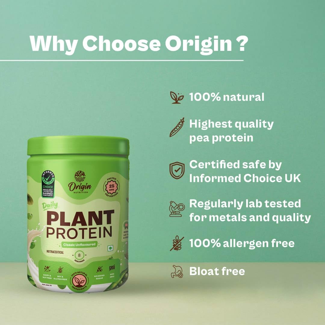 Origin Nutrition 100% Natural Unflavored Plant Protein Powder - 25g Plant-Based Protein per Serving, Gluten Free, Dairy Free, No Added Sugar, Soy Free, Non-GMO, Vegan & Jain Friendly (260g, 8 Servings) - Perfect for Smoothies, Baking & Post-Workout Recovery