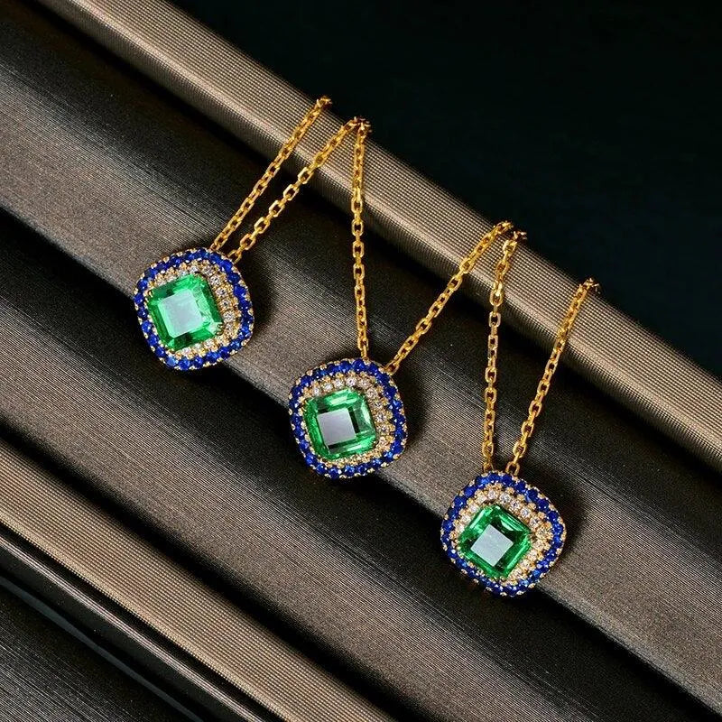 Antique Emerald Pendant with Natural Diamond & Sapphire Accents in 14K Yellow Gold - Elegant Vintage Jewelry for Women, Perfect for Weddings, Anniversaries & Special Occasions