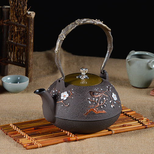 Japanese Cast Iron Magpie Plum Teapot - Traditional Tetsubin Iron Teapot for Loose Leaf Tea | Perfect for Home, Office & Japanese Tea Ceremony