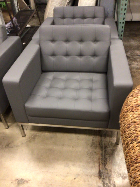 Grey Leather Chrome Base Arm Chair - Modern Office & Living Room Accent Chair for Home & Workspace