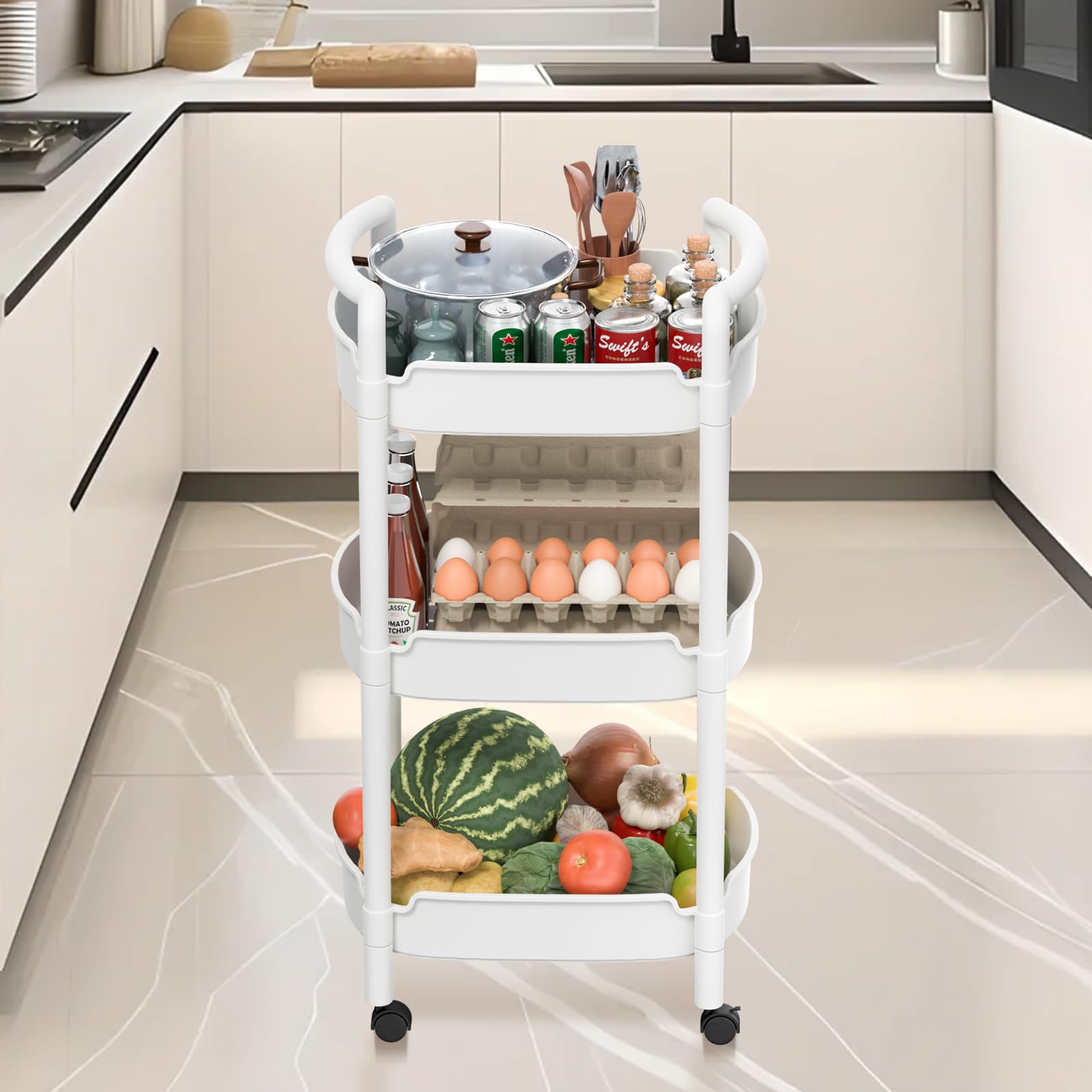 HUXMEYSON 3-Tier Rolling Utility Cart with Lockable Wheels - Multi-Purpose Storage Cart for Kitchen, Bathroom, Office - White Plastic Mobile Organizer with Handle | Perfect for Home Organization, Salon Supplies & Classroom Storage