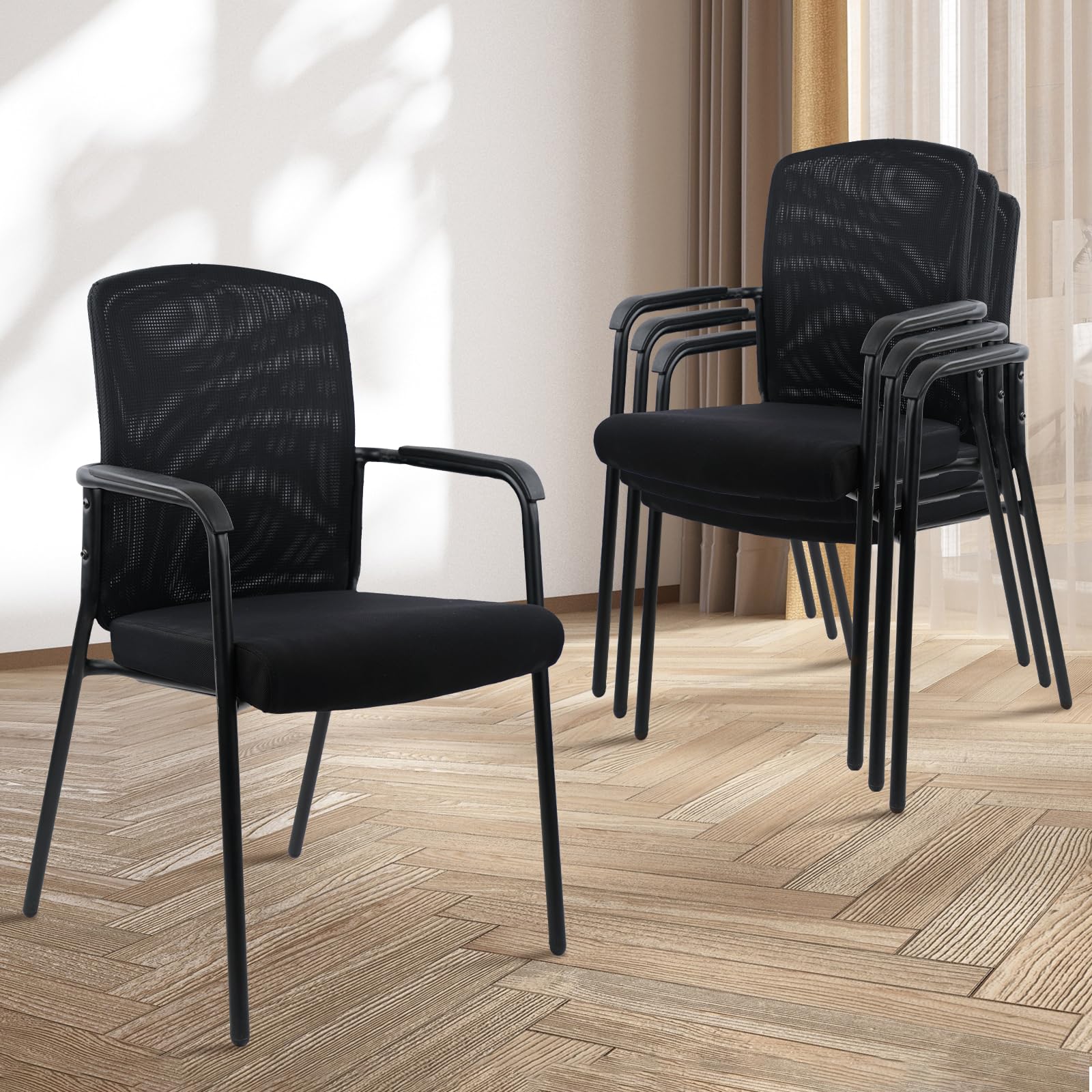 CLATINA Stackable Office Chairs with Arms - 4 Pack Double Mesh Waiting Room Chairs with Thickened Cushion, High Back Guest Chairs for Reception, Lobby, School, Banquet & Conference Rooms - Black Ergonomic Seating Solution
