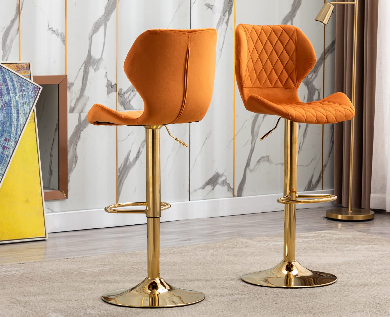 EALSON Set of 4 Velvet Swivel Bar Stools with Backrest & Gold Base - Adjustable Counter Height Kitchen Island Stools for Home Bar, Dining Room & Breakfast Nook - Modern Orange Bar Chairs for Entertaining & Casual Dining