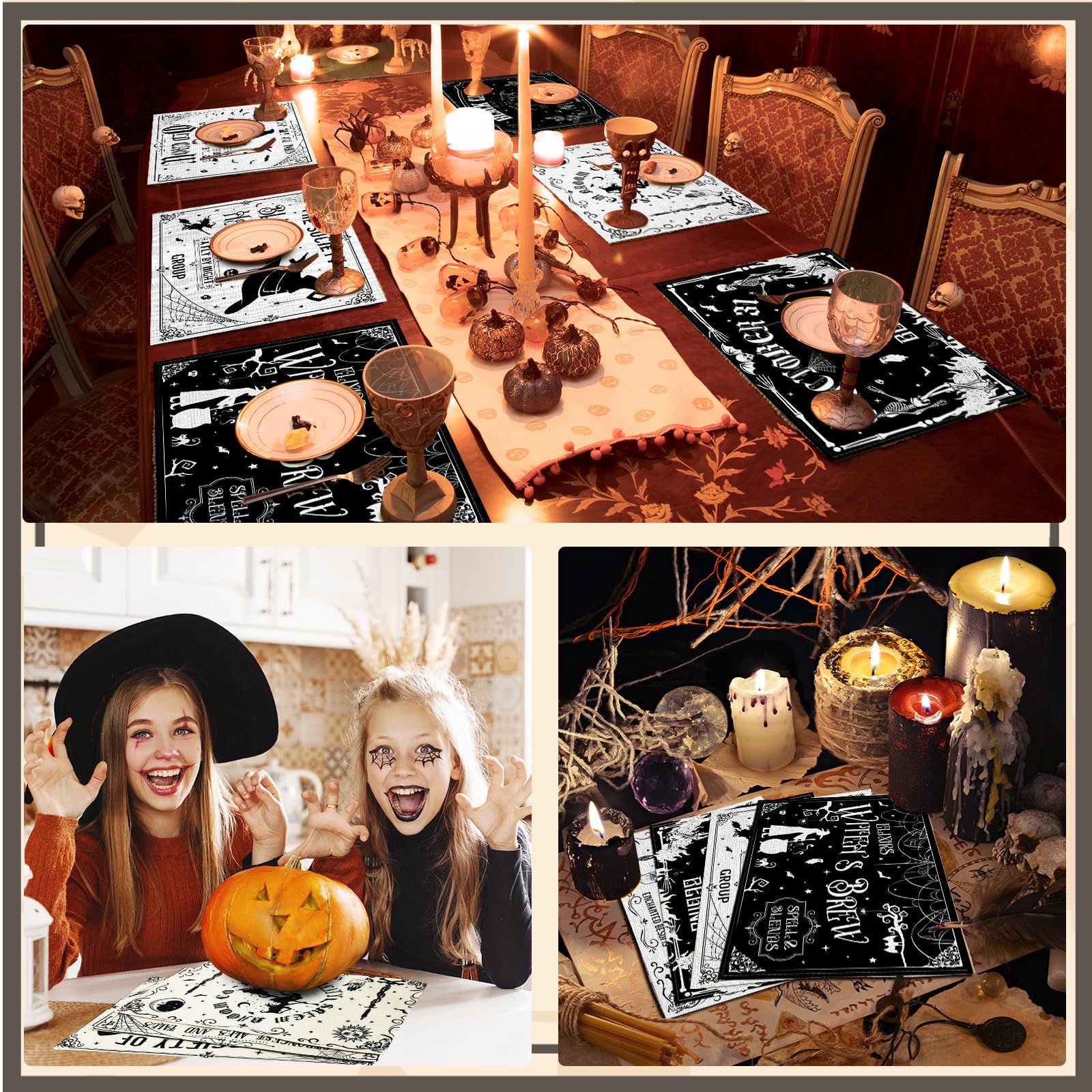 Umigy 6-Pack Gothic Bat Halloween Placemats 12x18 Inches - Washable Skull & Witch Themed Table Mats for Spooky Dining Decor, Kitchen & Party Accessories (Black & White Character Design) - Perfect for Halloween Parties, Themed Dinners & Gothic Home Decor