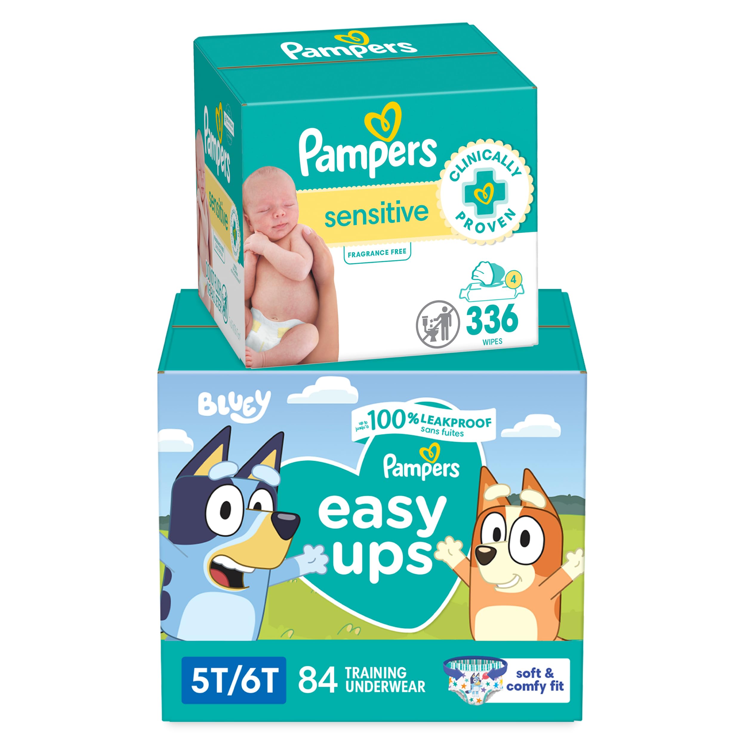 Pampers Easy Ups Disposable Potty Training Underwear for Boys & Girls, Size 7 (5T-6T), 84 Count + Sensitive Baby Wipes, 6X Pop-Top Packs, 336 Count – One Month Supply for Daycare, Travel & Home Use