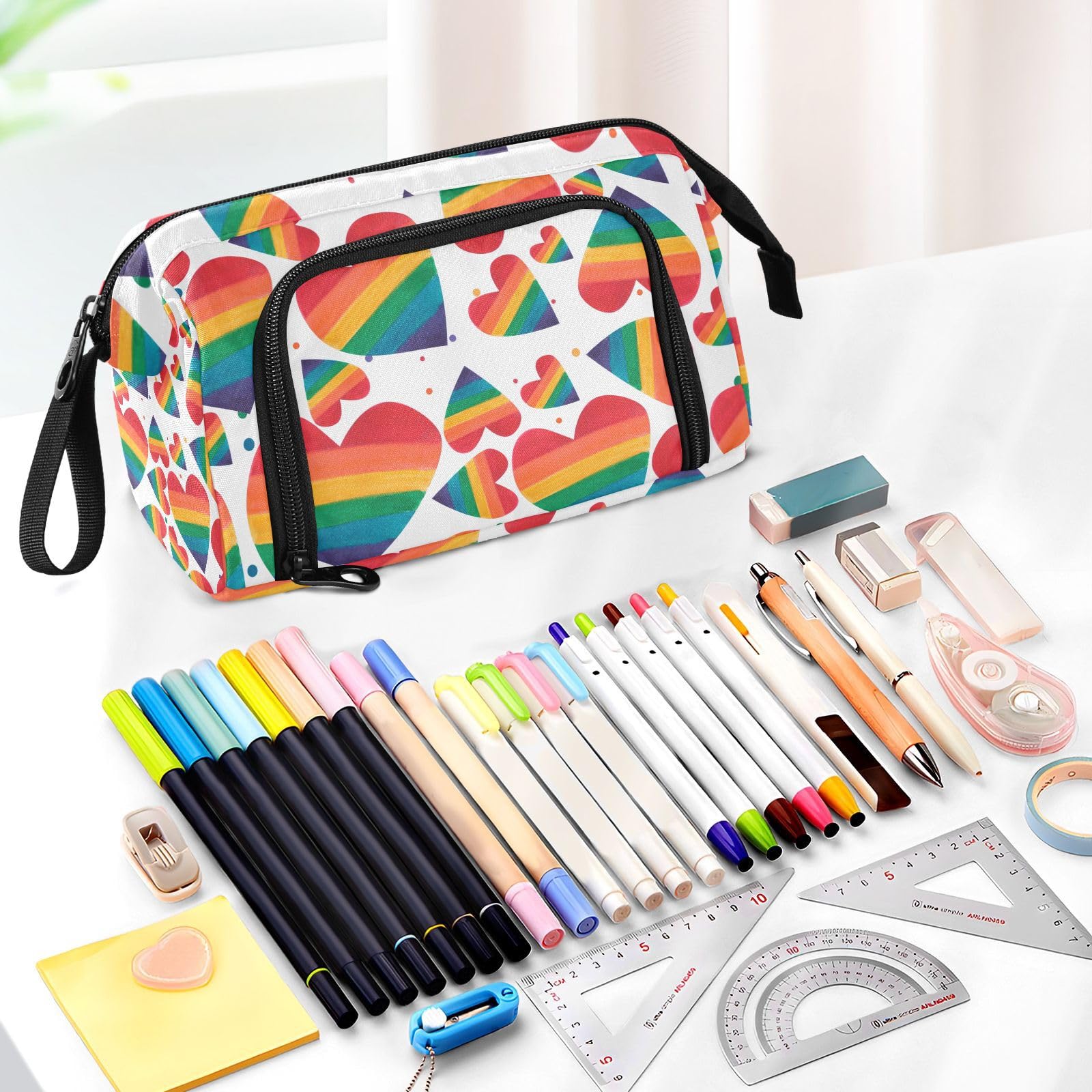 GAIGEO Rainbow Heart Pattern Pencil Pouch - Large Capacity School Supplies Organizer for Pens, Markers & Art Tools - Perfect for Students, Office & Travel Use