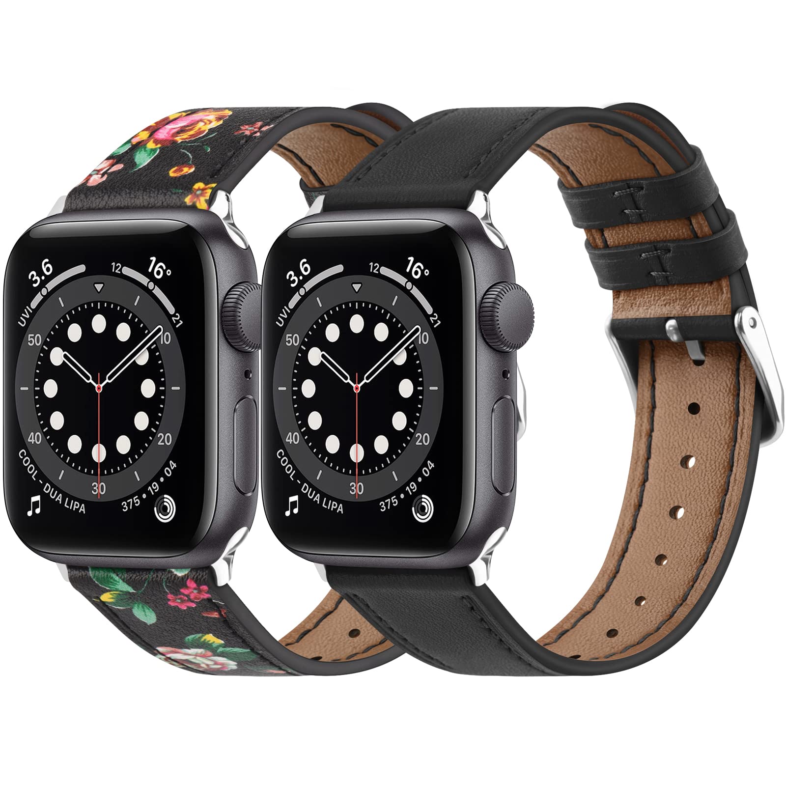 2 Pack Genuine Leather Apple Watch Bands Compatible with 38mm 40mm 41mm iWatch Series SE/7/6/5/4/3/2/1 - Soft Adjustable Replacement Straps for Women & Men (Black & Flower Red) - Perfect for Workouts, Office Wear & Everyday Fashion