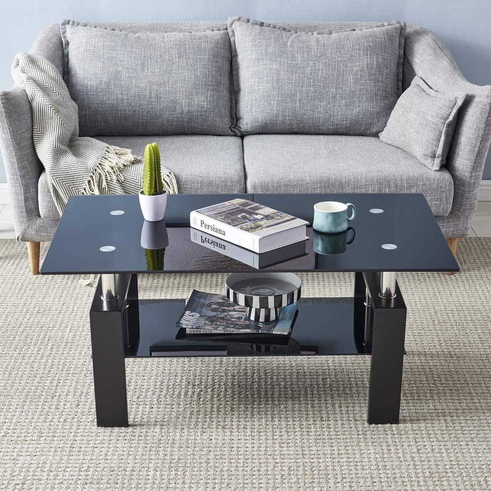 Modern Glass Coffee Table with Lower Shelf - Rectangle Tempered Glass Top & Stainless Steel Legs - Black Living Room Furniture for Home & Office Waiting Areas - Perfect for Lounge, Reception & Contemporary Spaces