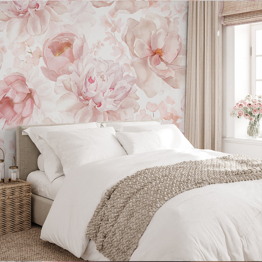 Pastel Pink Flowers Wall Mural SM039 - Floral Peel and Stick Wallpaper for Bedroom, Nursery, Living Room Decor