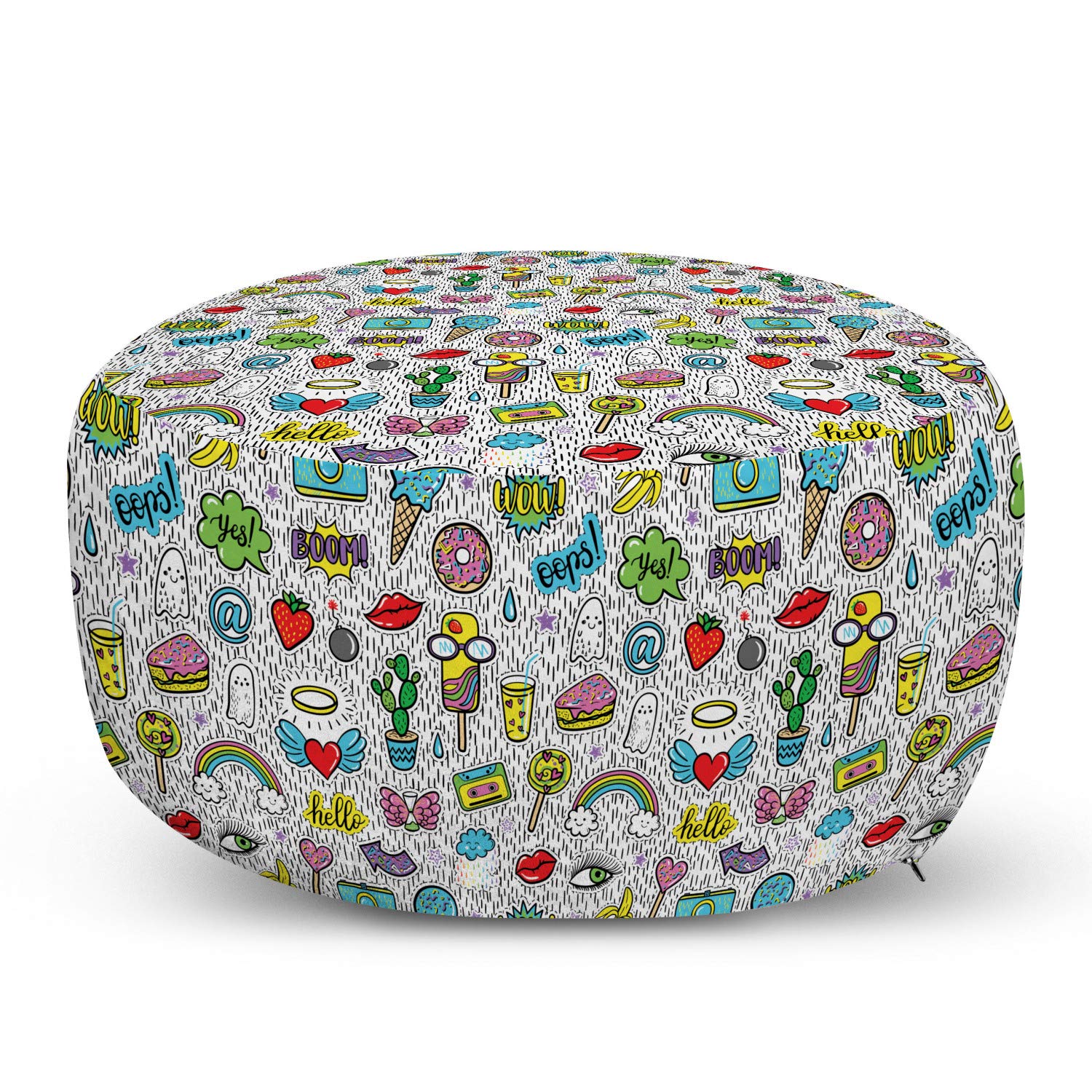 Ambesonne Emoticon Ottoman Pouf - Pop Art Hand Drawn Cartoon Eye Ice Cream Rainbow Donut Lip Heart Banana Ghost Design, Soft Decorative Foot Rest with Removable Cover for Living Room & Bedroom - Multicolor Home Decor Accent | Perfect for Lounge Chairs, Reading Nooks & Dorm Rooms