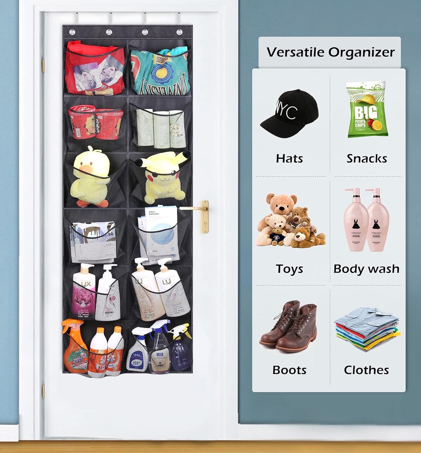 KIMBORA Over The Door Shoe Organizer - 12 Extra Large Mesh Pockets Hanging Boot Rack for Men's Shoes Size 16, Black - Perfect for Closet Storage & Space Saving in Bedrooms, Dorms, and Entryways