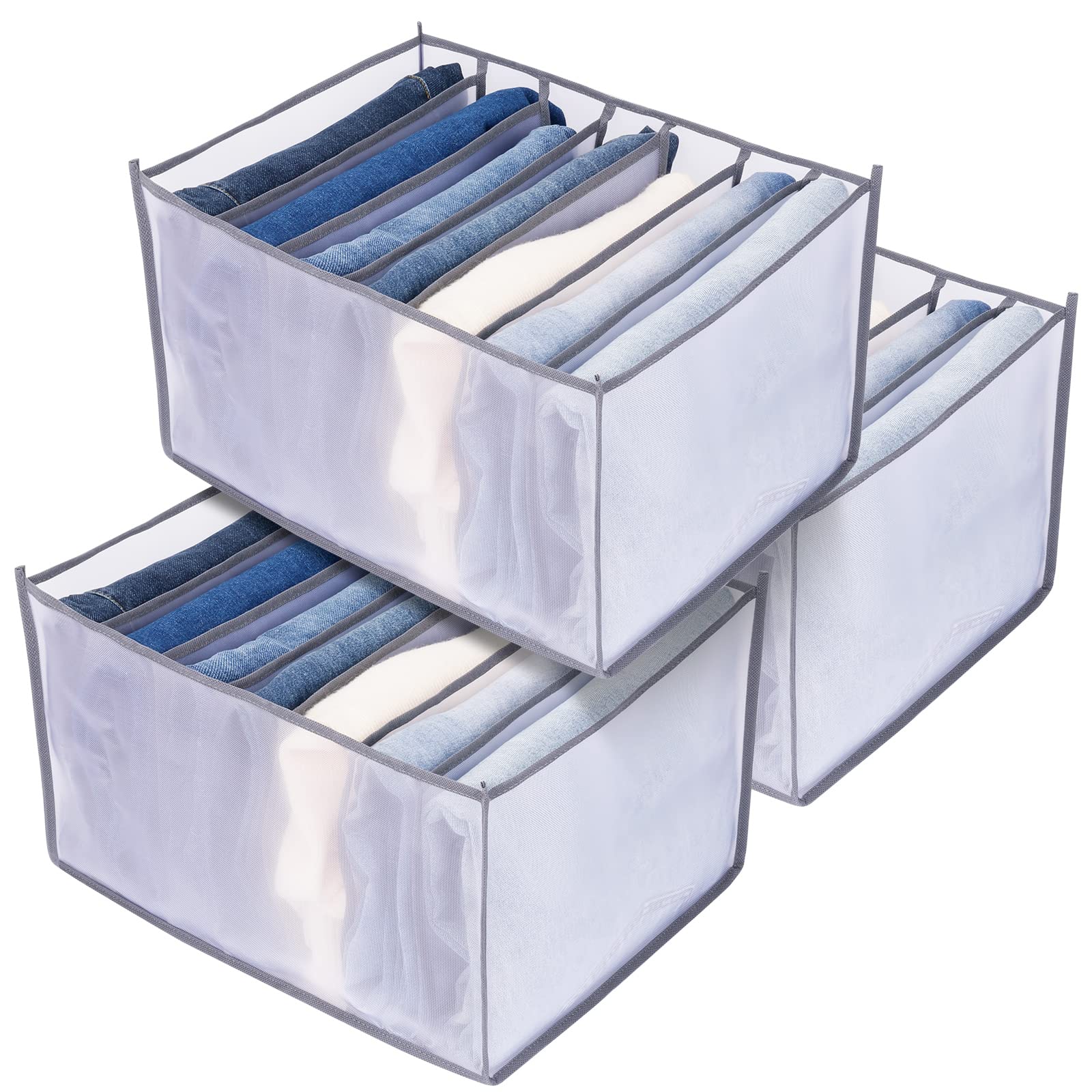 TOOVREN 3-Pack Large Mesh Jeans & Pants Organizer - 7 Grid Drawer Dividers for Folded Clothes, Wardrobe & Closet Storage Solution - Perfect for T-Shirts, Sweaters & Denim Organization