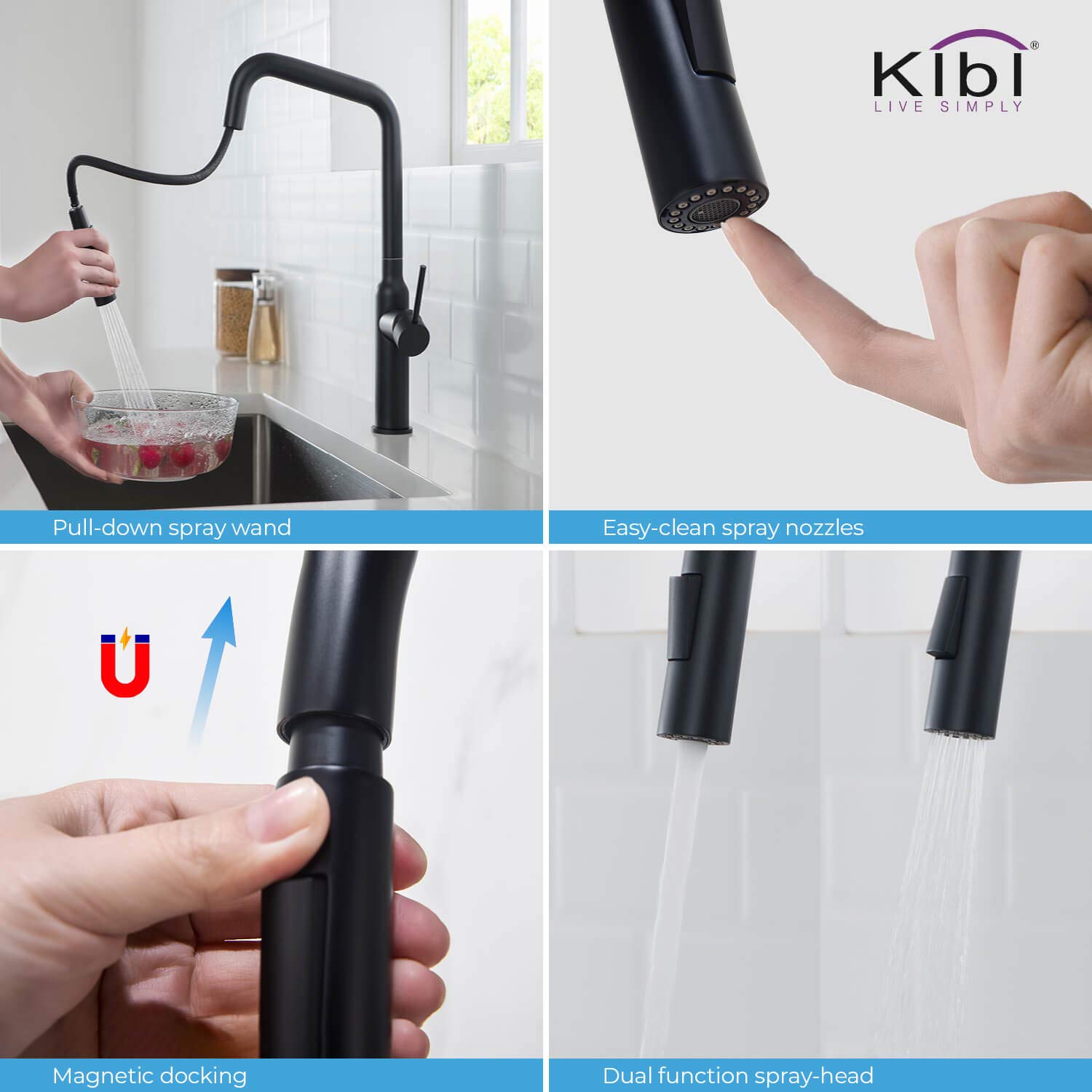 KIBI Matte Black Kitchen Faucet with Pull Down Sprayer & Soap Dispenser for Modern Homes