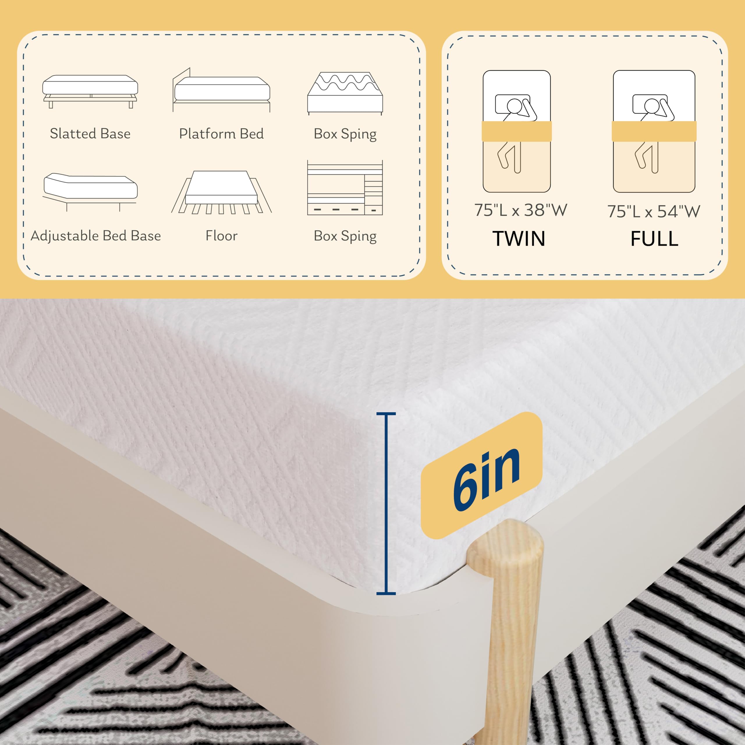 EGOHOME 6 Inch Twin Mattress for Kids - Green Tea Gel Cooling Memory Foam Bunk Bed Mattress in a Box, CertiPUR-US Certified, Medium Firm Support, Made in USA - Perfect for Trundle Beds, Daybeds & Kids' Bedrooms (White)