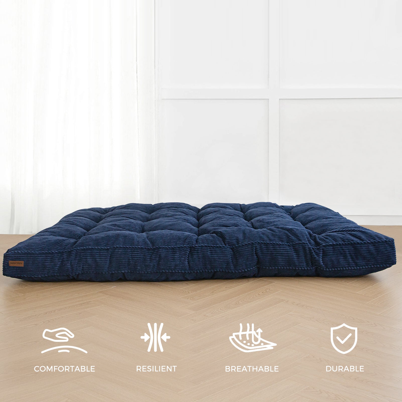 MAXYOYO 6-Inch Tufted Futon Sofa Bed - Thick Corduroy Fabric Floor Mattress for Adults (Mattress Only) Navy Blue - Perfect for Small Spaces, Guest Rooms & Dorm Rooms