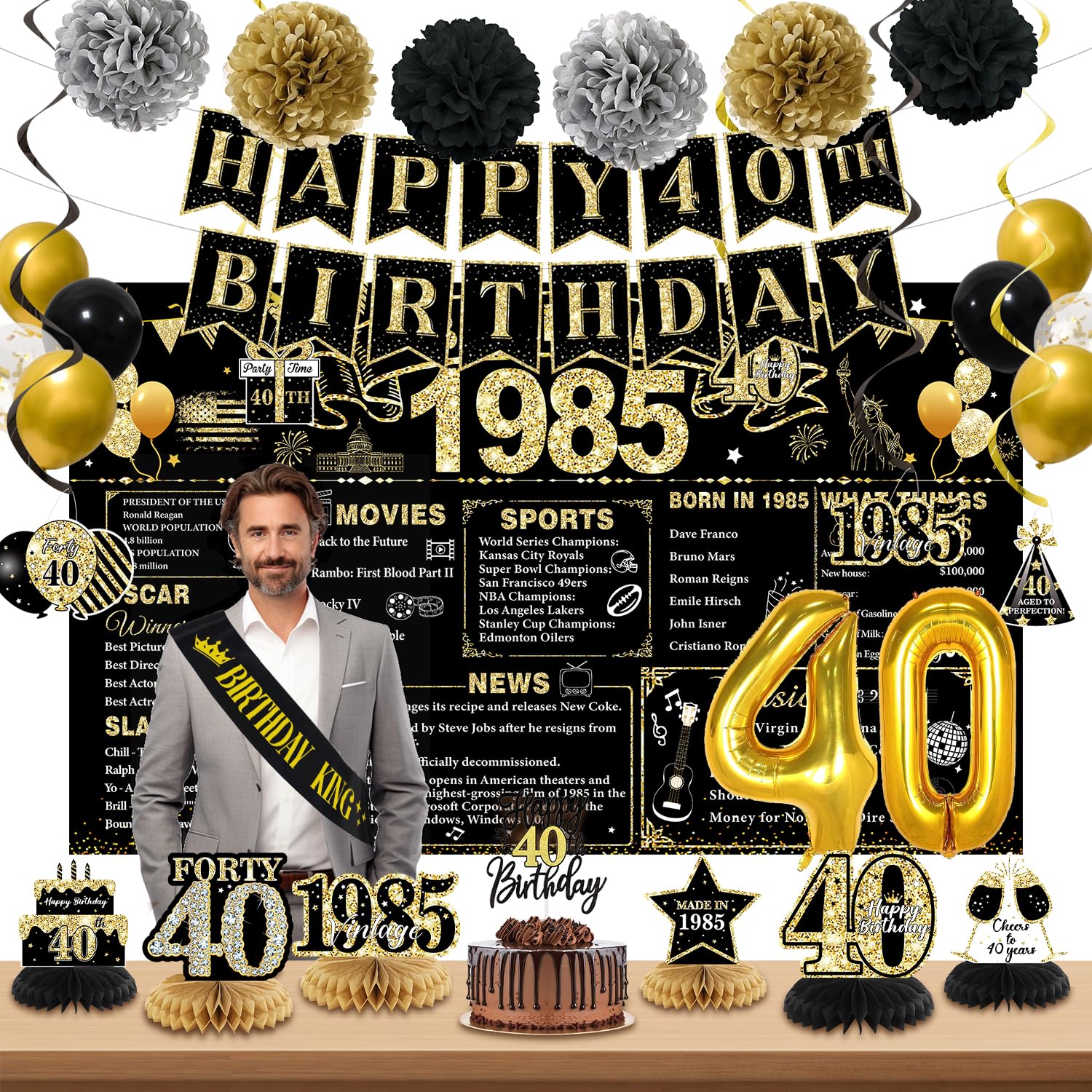 Black Gold Vintage 40th Birthday Party Decorations for Men - 1985 Theme Backdrop, Banner, Cake Topper, Balloons & Sash - Perfect for Milestone Birthday Celebrations & Retro Themed Parties