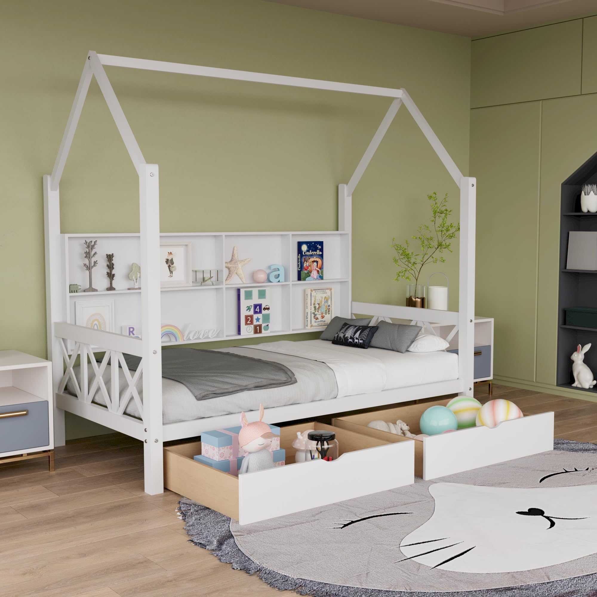 Montessori Twin Bed Frame for Kids - White Wooden House Bed with Headboard, 2 Storage Drawers & Safety Fence - Sturdy Platform Bed with Wood Slats (74.4