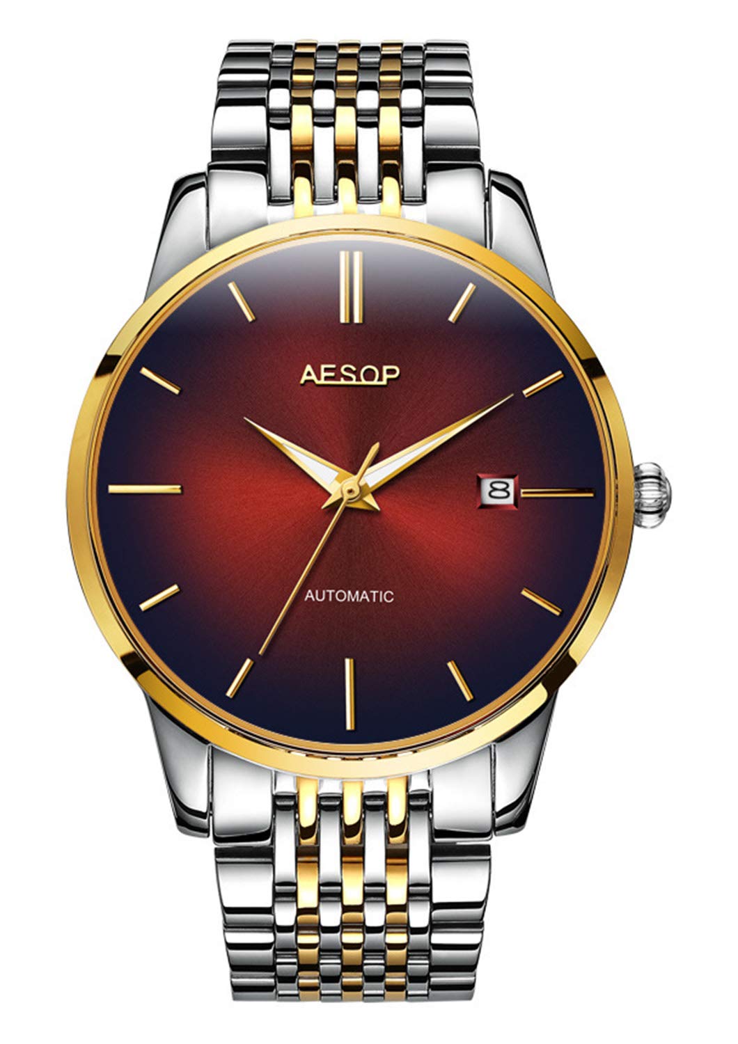 Men's Automatic Military Stainless Steel Watch - Waterproof Business Chronograph with Date Display - Perfect for Outdoor Adventures, Office Wear & Formal Occasions (Red)