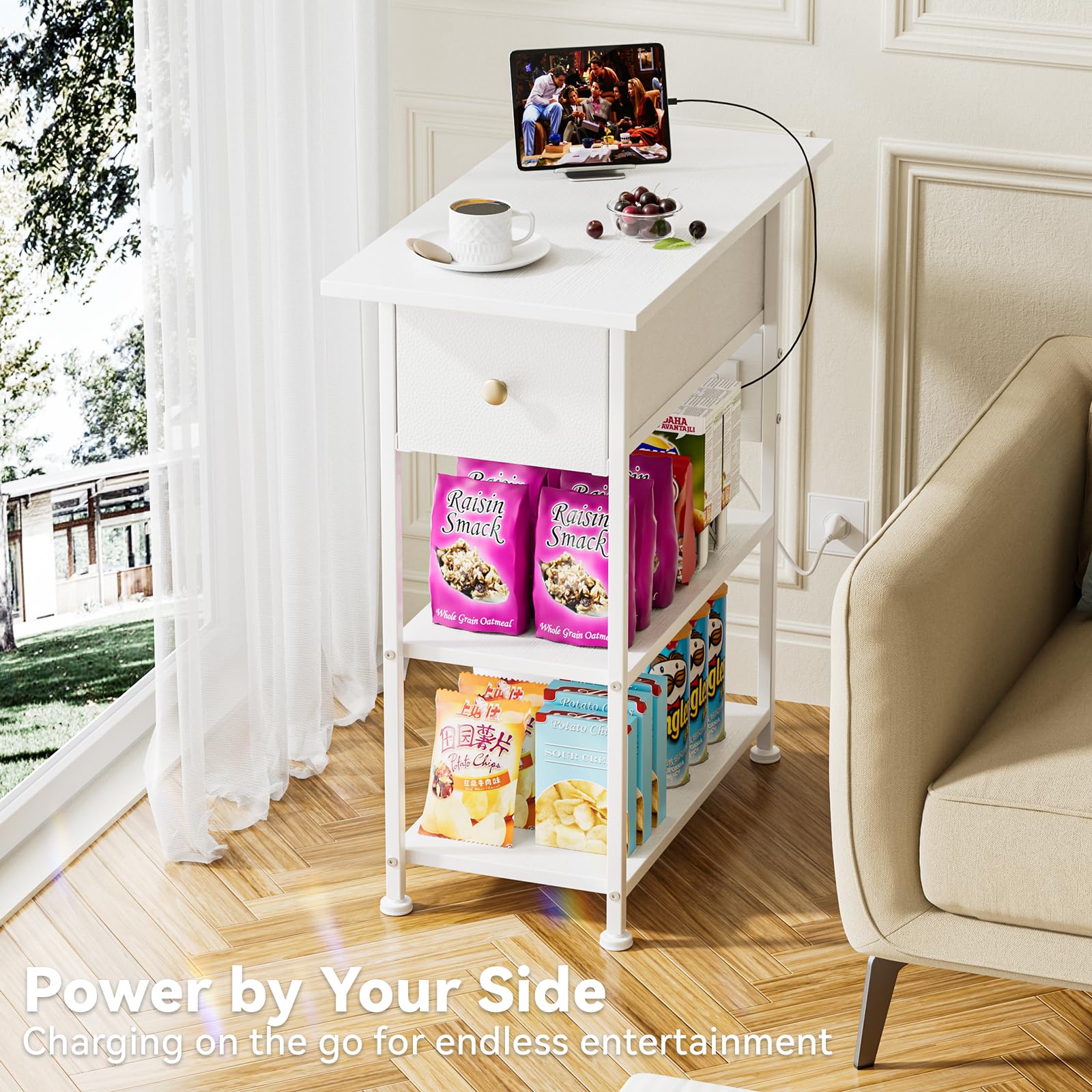 Slim Narrow End Table with USB Charging Station & LED Light - Skinny Nightstand with Drawer and Shelves - Modern White Side Table for Bedroom, Living Room, Small Spaces - Perfect for Apartment, Dorm, Studio & Office Use