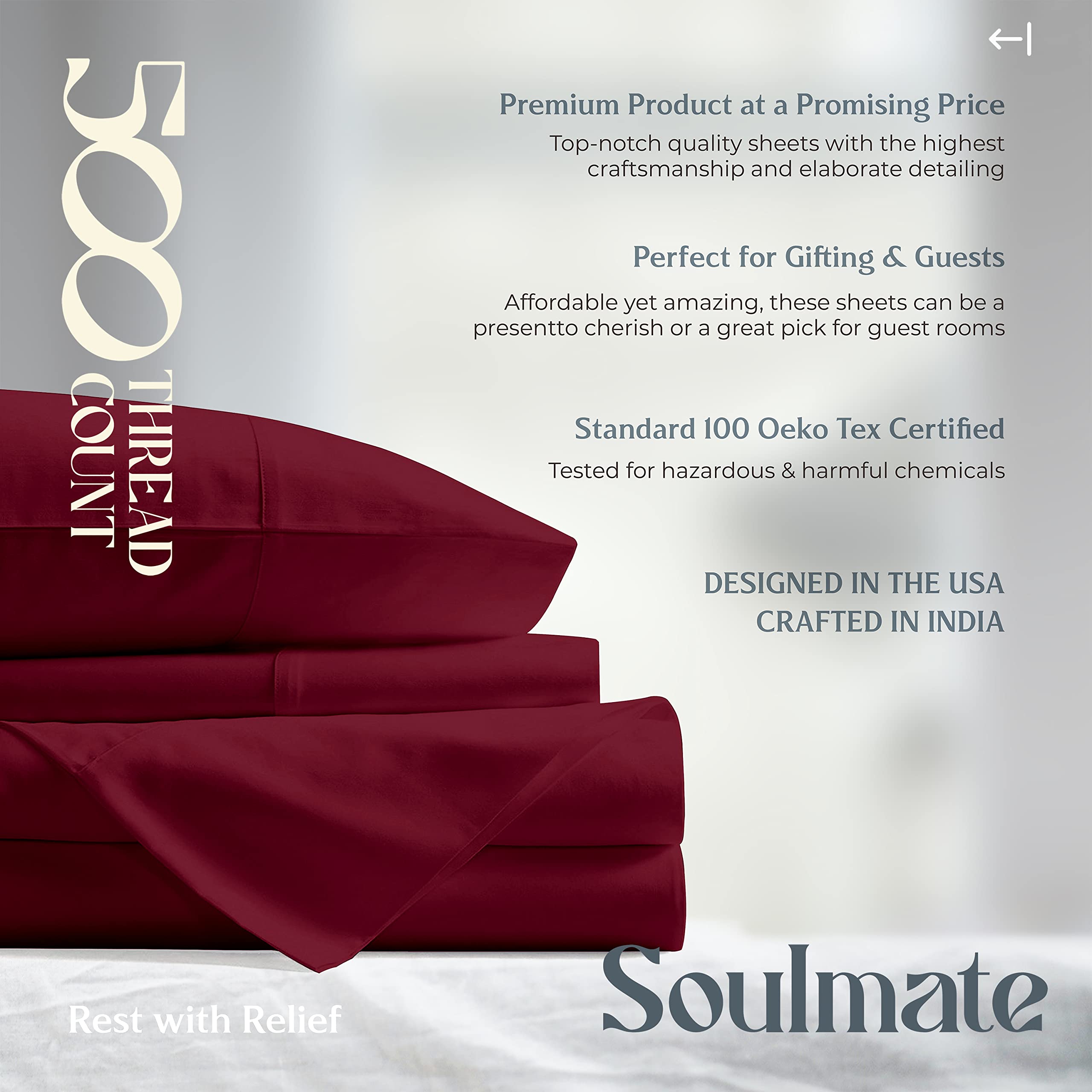 Mayfair Linen 500 Thread Count Twin XL Cotton Sheet Set - 3 Piece Cooling Sateen Bed Sheets (Burgundy) | Hotel Quality Deep Pocket Fits 18