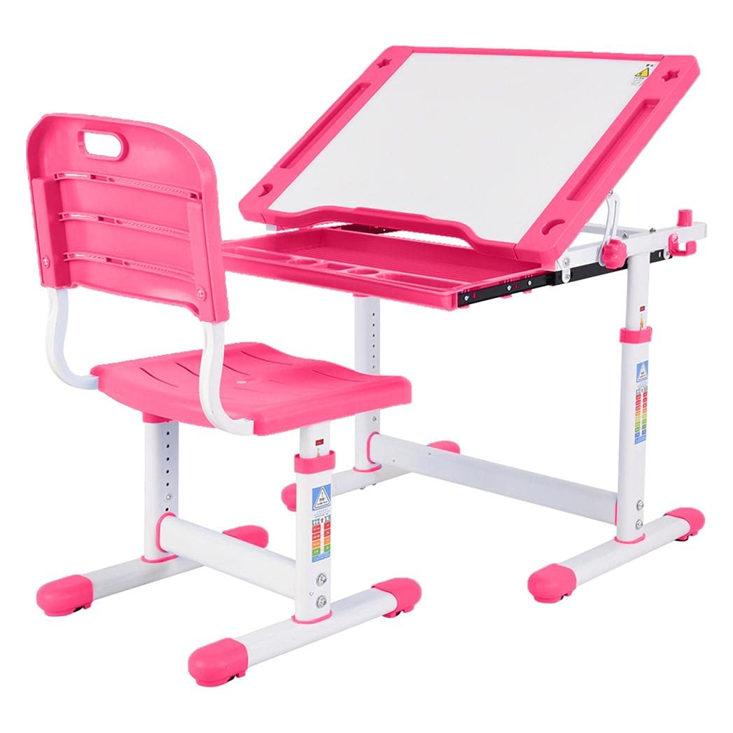 Adjustable Kids Desk and Chair Set with Tilt Desktop & Pull-Out Drawer - Ergonomic Study Desk for Children, Pink - Perfect for Homework, Drawing & Remote Learning