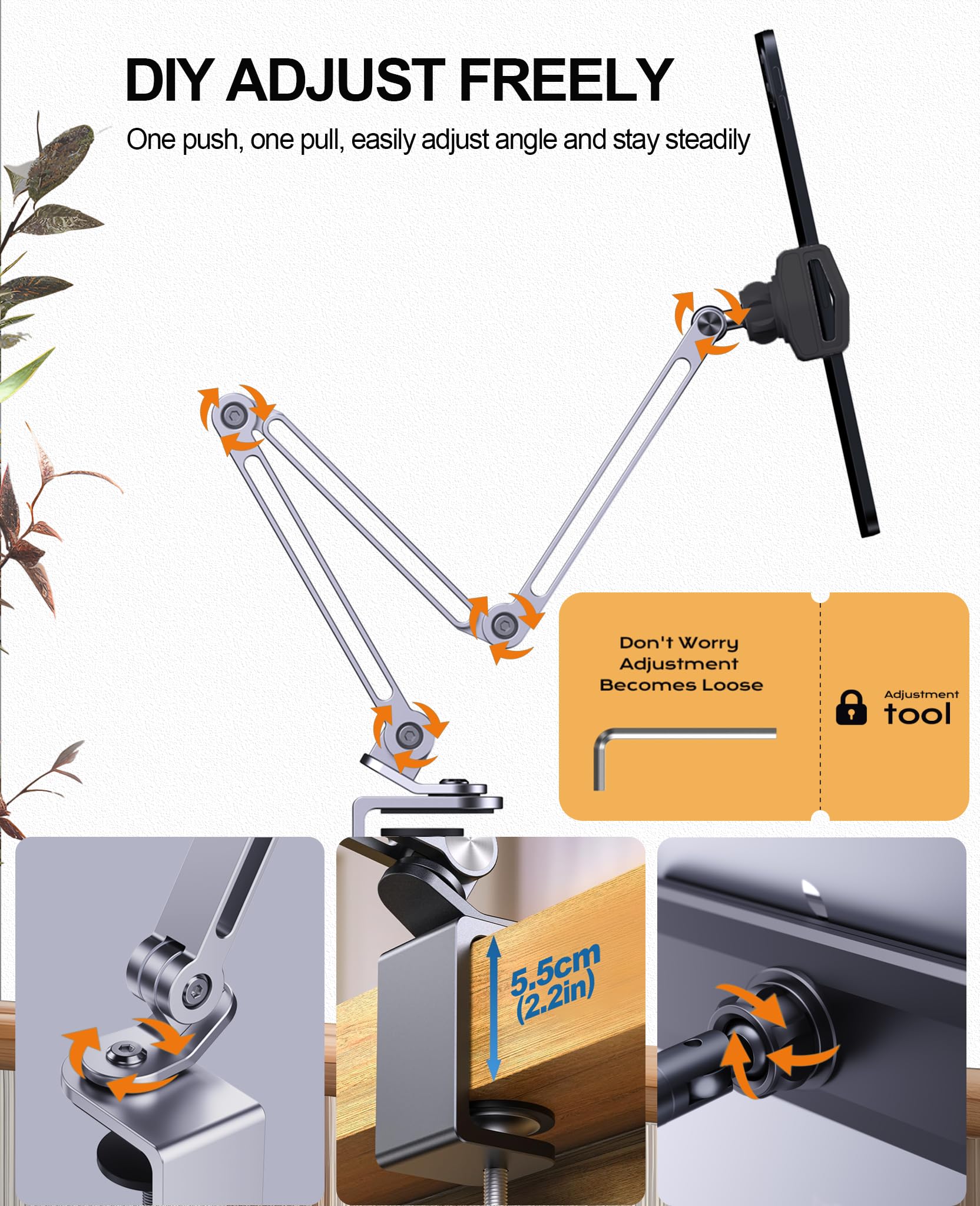 360° Adjustable Aluminum Alloy Tablet Stand - Foldable Phone & iPad Holder for Desk, Compatible with iPad Pro/Air/Mini 13/12.9/11, Samsung Galaxy Tab, Kindle, 15.6