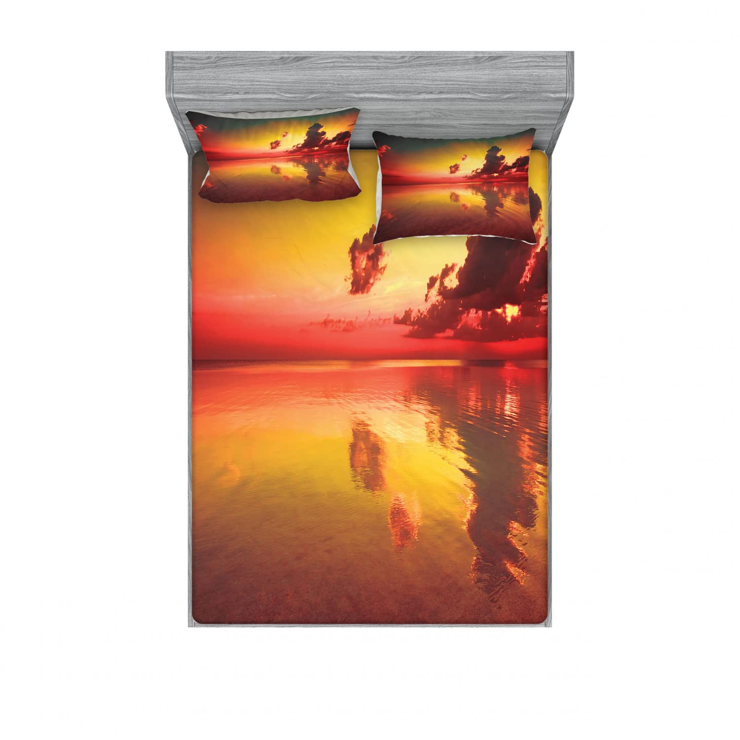 Ambesonne Ocean 2-Pack Fitted Sheet & Pillow Sham Set - Sunrise Water Reflection Design, 4-Piece Bedding Decor for Queen Size Beds, Includes 2 Fitted Sheets & 4 Pillowcases in Forest Green & Dark Coral - Perfect for Coastal Themed Bedrooms, Guest Rooms or Vacation Homes