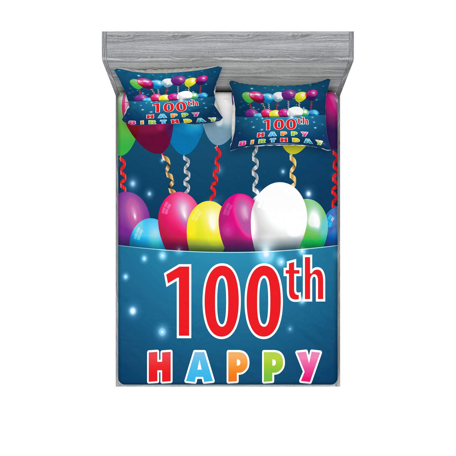 Ambesonne 100th Birthday Fitted Sheet & Pillow Sham Set - Colorful Balloons on Star Dots Design, 3-Piece Queen Size Bedding Set in Blue & Dark Blue | Perfect for Milestone Celebrations, Party Decor & Gift Ideas