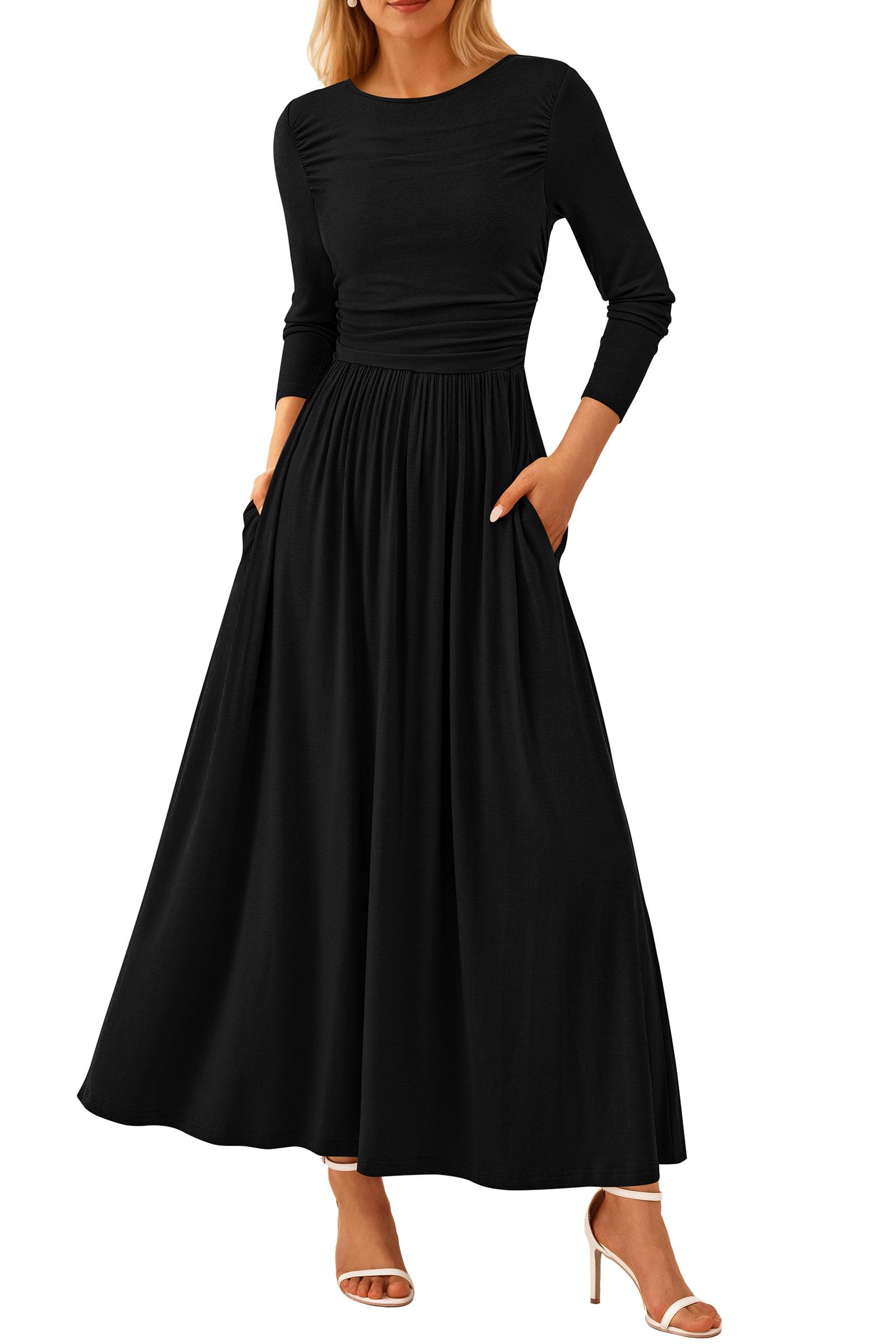 PRETTYGARDEN Women's 2025 Spring Long Sleeve Maxi Dress - Crewneck Ruched A-Line Flowy Elegant Modest Dress for Casual Wear, Church, Wedding Guest & Special Occasions