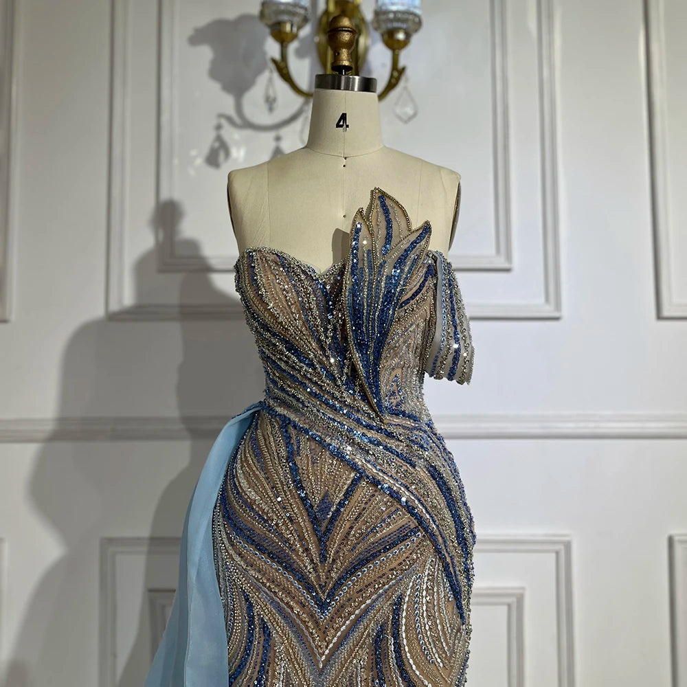 Elegant Arabic Blue One Shoulder Evening Gown with Beaded Side Overskirt - Luxury Dubai Style Women's Party Dress LA72662 for Prom, Gala & Special Occasions