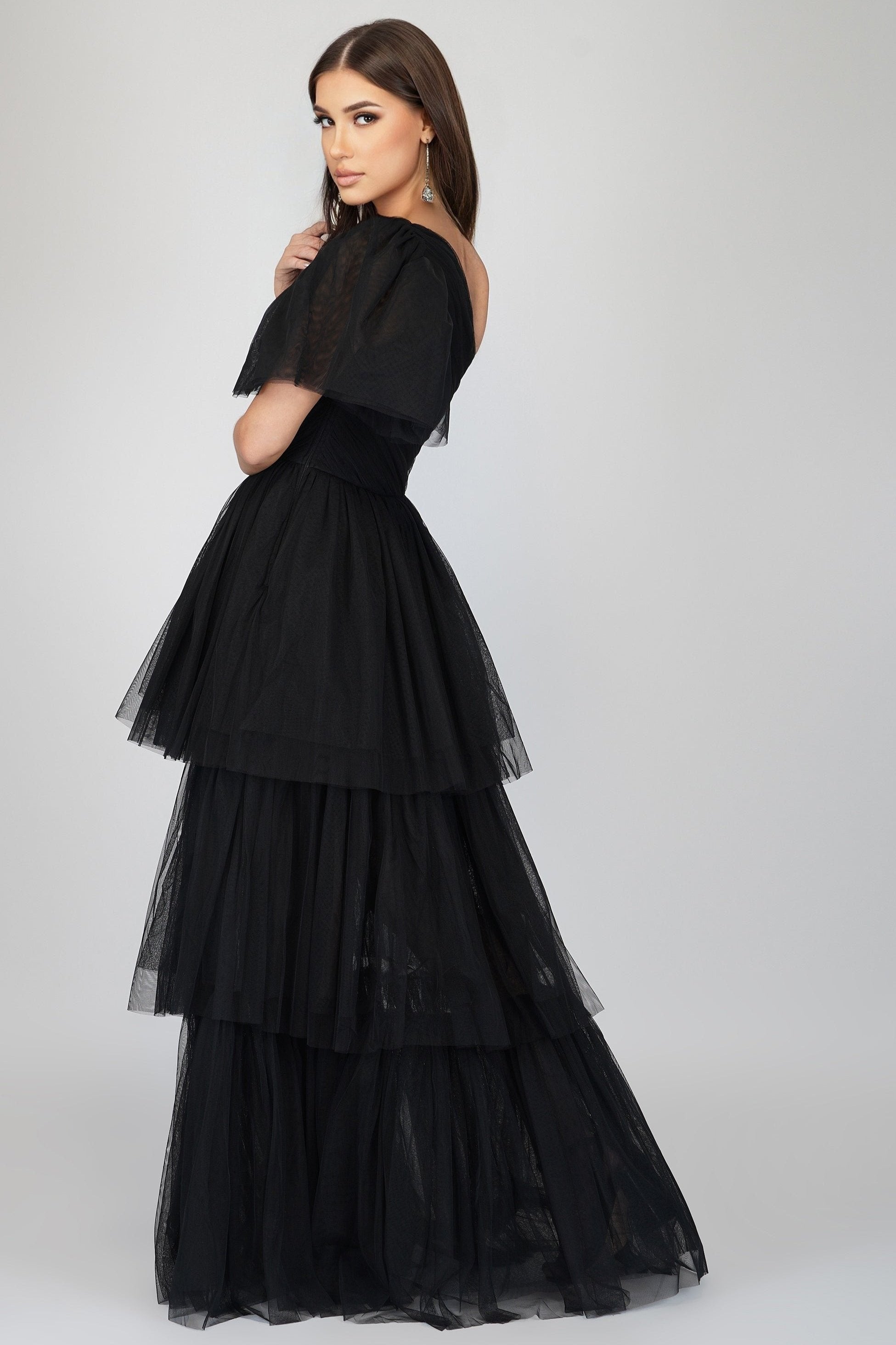 Elegant Black One Shoulder Tulle Gown by Rowena - Perfect for Prom, Evening Gala & Special Occasions