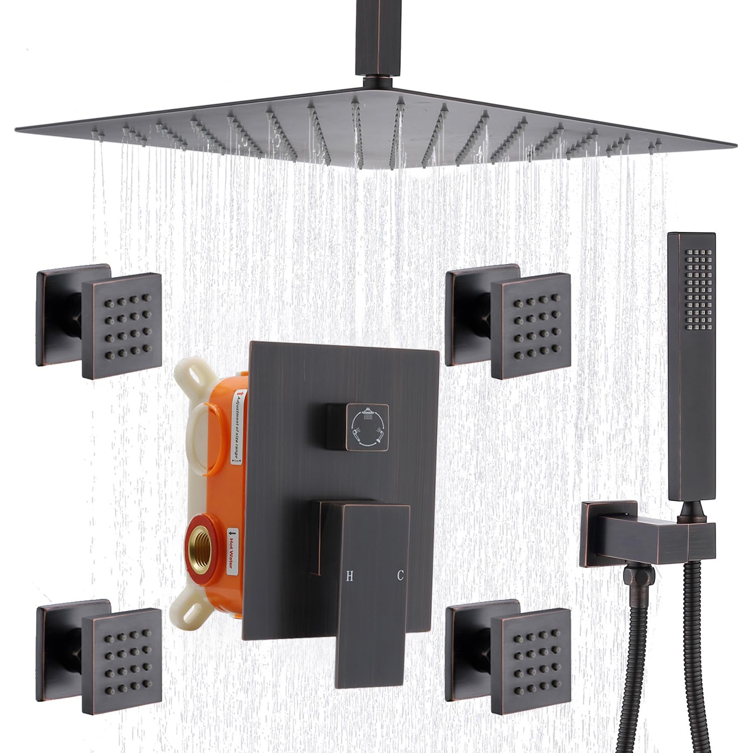 Enga Oil Rubbed Bronze Rain Shower System with Body Spray - 12 Inch Ceiling Rainfall Shower Faucet Complete Kit with 3-Way Diverter Valve | Luxury Bathroom Upgrade for Spa-Like Experience