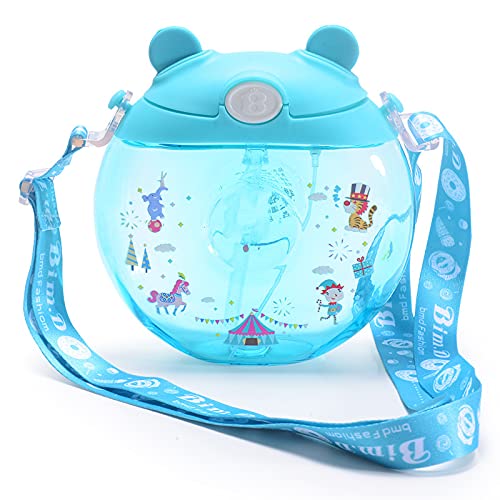 **Donut-Shaped Kids Water Bottle with Straw - Leakproof, Reusable Plastic Drink Bottle with Adjustable Shoulder Strap - Portable for Outdoor, Camping, Sports & Travel - Perfect for School, Gym & Daily Hydration (Blue)**