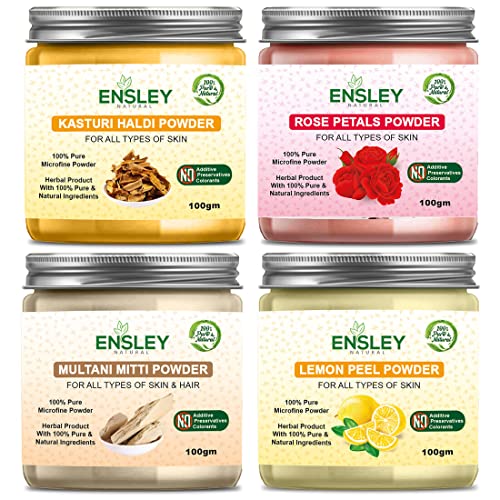 Ensley Natural Kasturi Haldi & Rose Petals Powder, Multani Mitti Clay Powder & Lemon Peel Powder - 400g (4 x 100g Pack) for Glowing Skin, DIY Face Masks & Ayurvedic Beauty Treatments