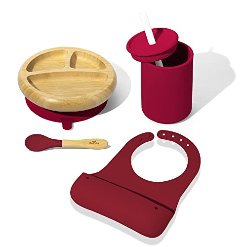 Avanchy Roll & Go Silicone Baby Bibs with 8 oz Mini Silicone Cup & Straw + Bamboo Suction Plate Set | Eco-Friendly Feeding Essentials for Toddlers | Perfect for Travel, Daycare & Mess-Free Meals