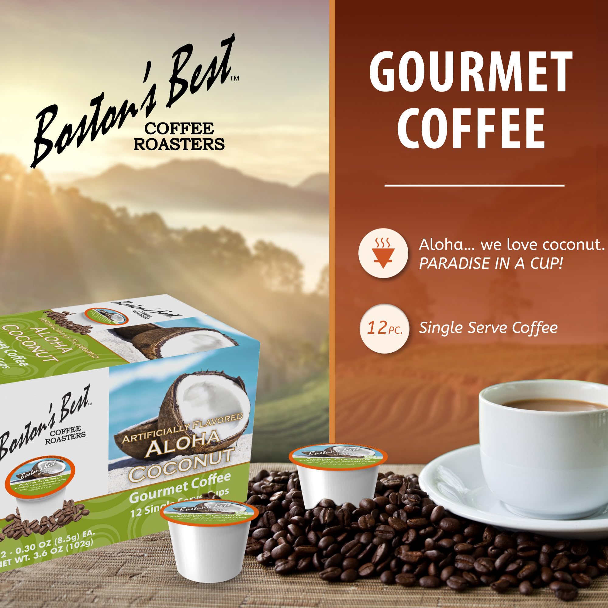Boston’s Best Aloha Coconut Medium Roast Gourmet Coffee Pods - Compatible with Keurig Single Serve Coffee Makers (12 Count) - Perfect for Breakfast, Office & Relaxing at Home