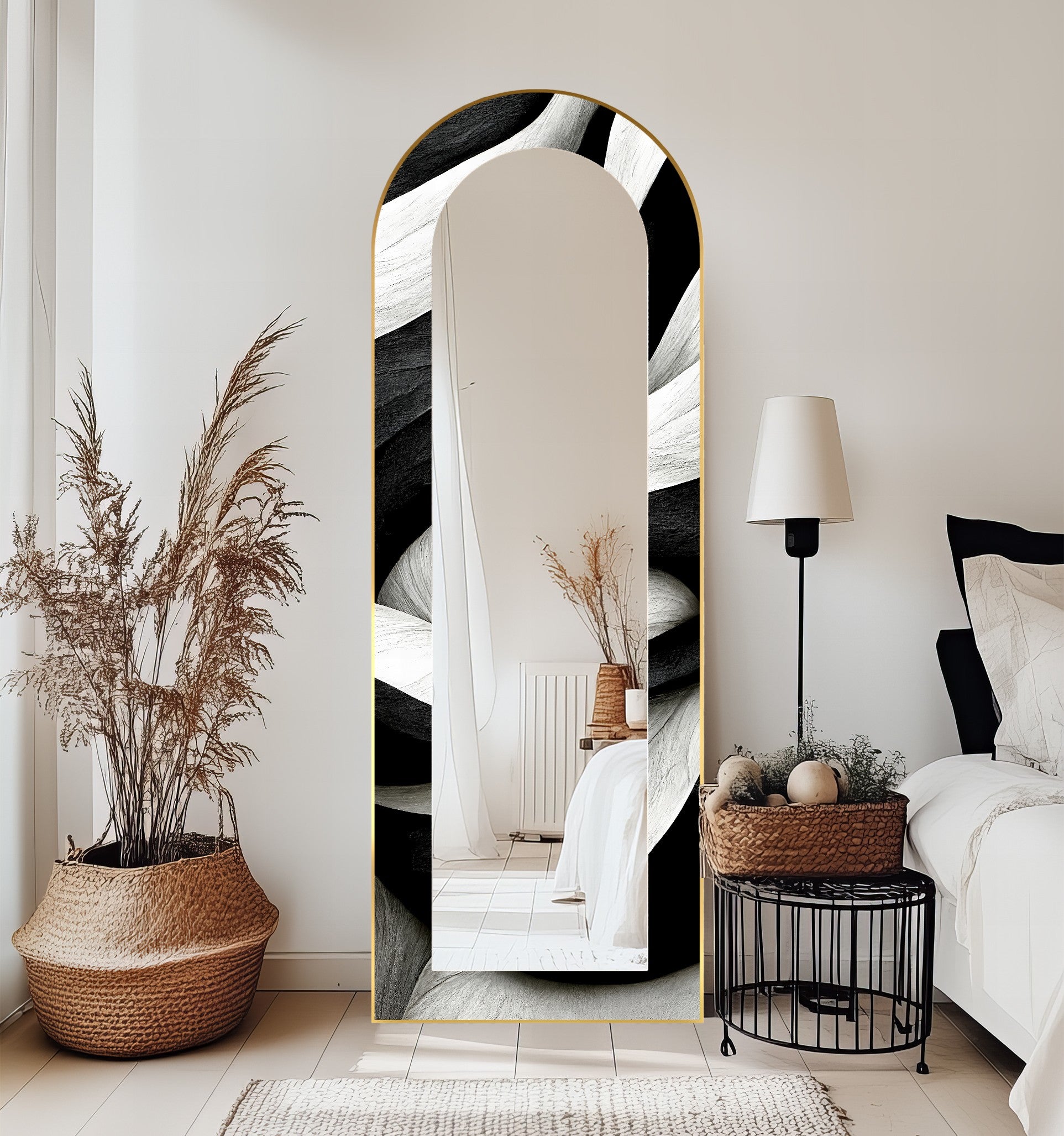 Black and White Wave Full Length Floor Mirror - Stylish Modern Decor for Bedroom, Living Room & Entryway