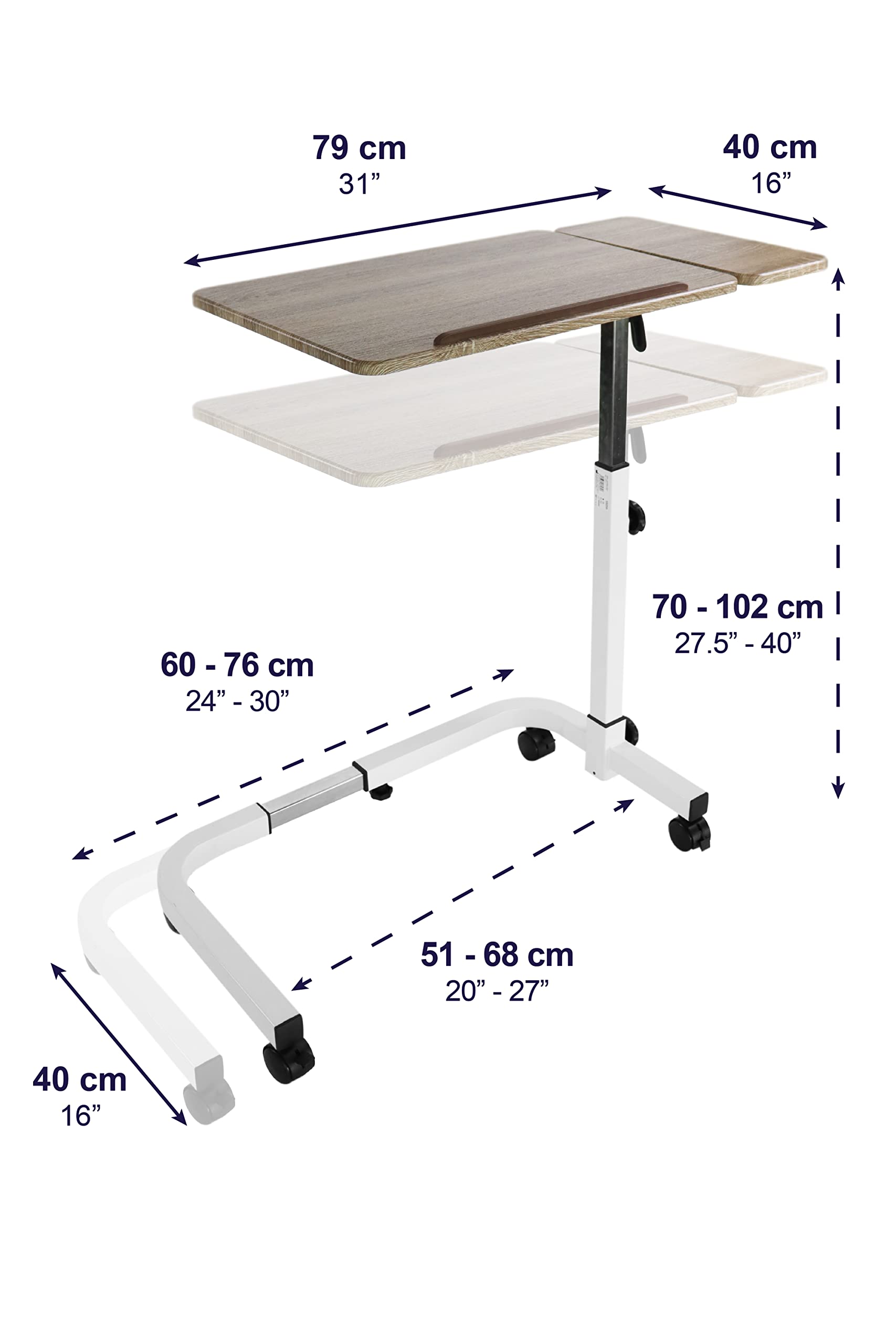 KMINA Adjustable Height Overbed Table with Wheels - Tilt Top Bed Tray for Home & Hospital Use - Perfect for Eating, Working, Reading in Bed or as Medical Bedside Table