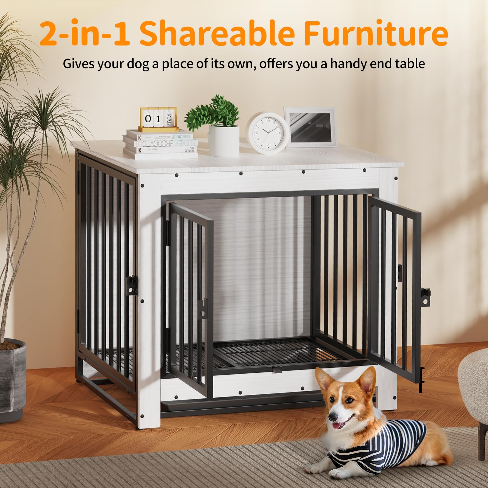 Modern Wooden Dog Crate End Table - Furniture Style Kennel for Small & Medium Dogs | Indoor Pet Cage with Removable Tray & Double Doors | White | Perfect for Living Room, Bedroom & Home Decor