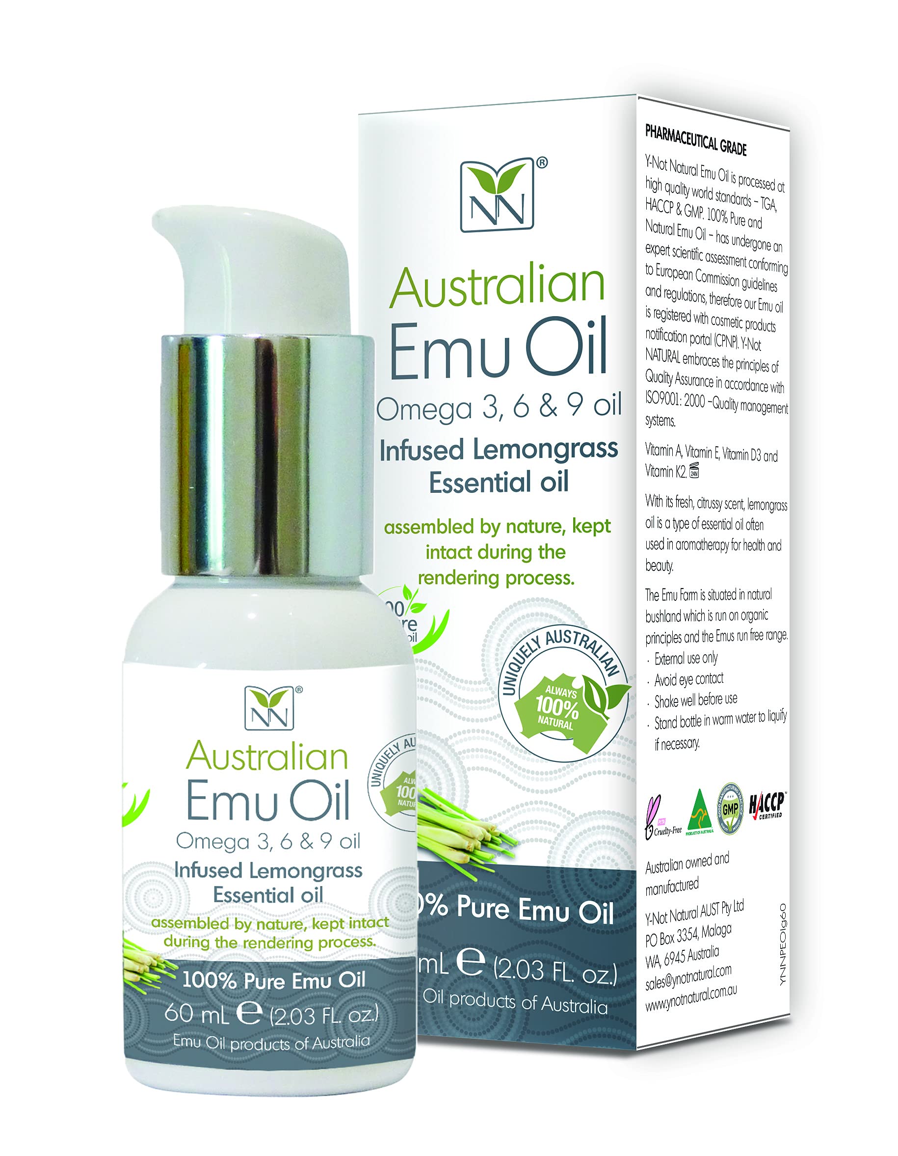 100% Pure Pharmaceutical Grade Emu Oil with Lemongrass Essential Oil - 60ml Bottle for Skin Care, Hair Growth & Pain Relief - Natural Moisturizer for Dry Skin, Eczema & Joint Pain