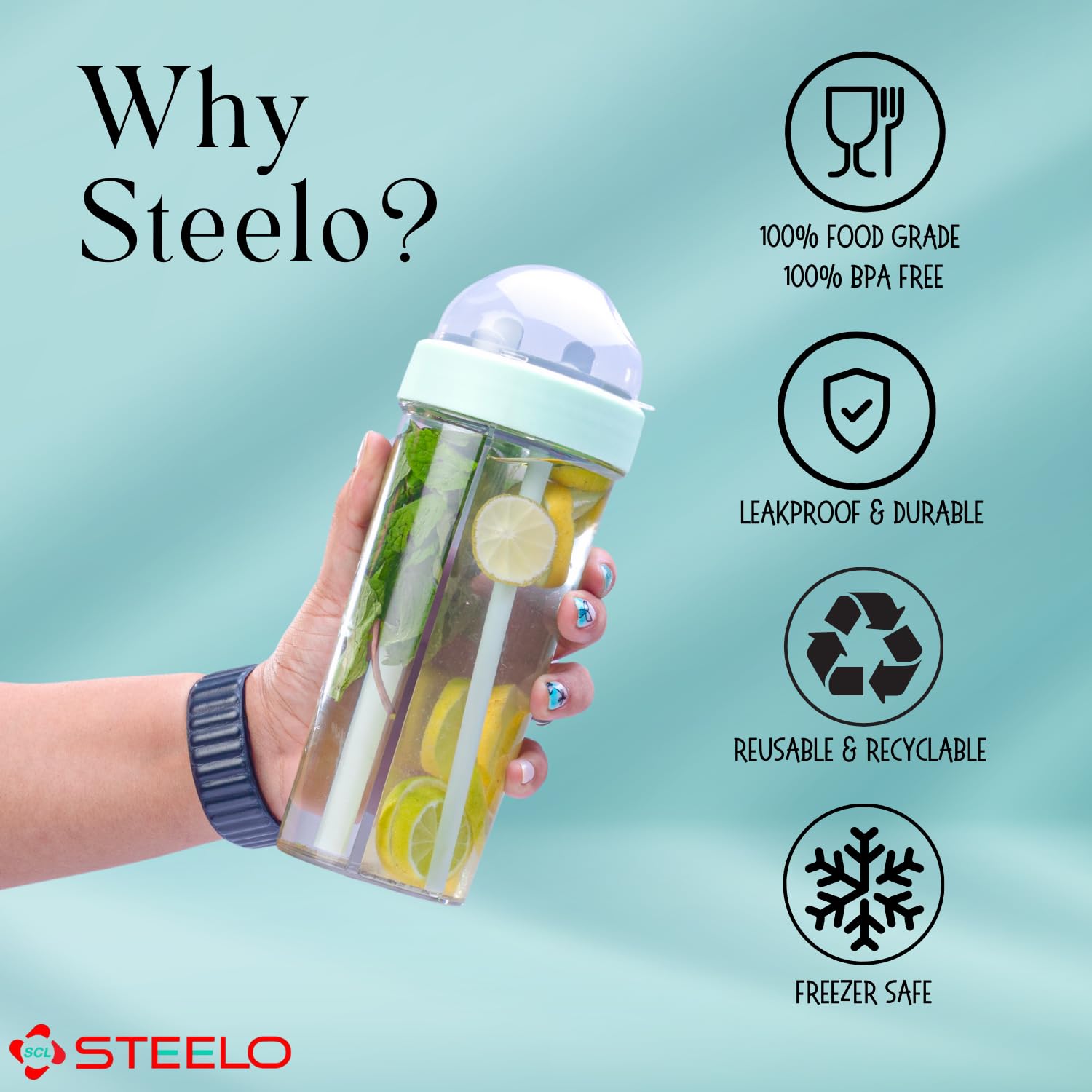 SCL Steelo Sipmate 2-in-1 Dual Sipper Water Bottle 600ml - BPA-Free PET Plastic for Detox Juice, Tea & Sports Drinks - Perfect for Gym, Hiking, Office & Travel (Eco-Friendly Green)