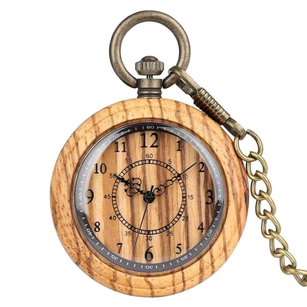 Vintage Wooden Pocket Watch - Ebony & Walnut Quartz Clock with Chain for Men & Women | Lightweight Open Face Design | Perfect for Steampunk Costumes, Weddings, and Collectors