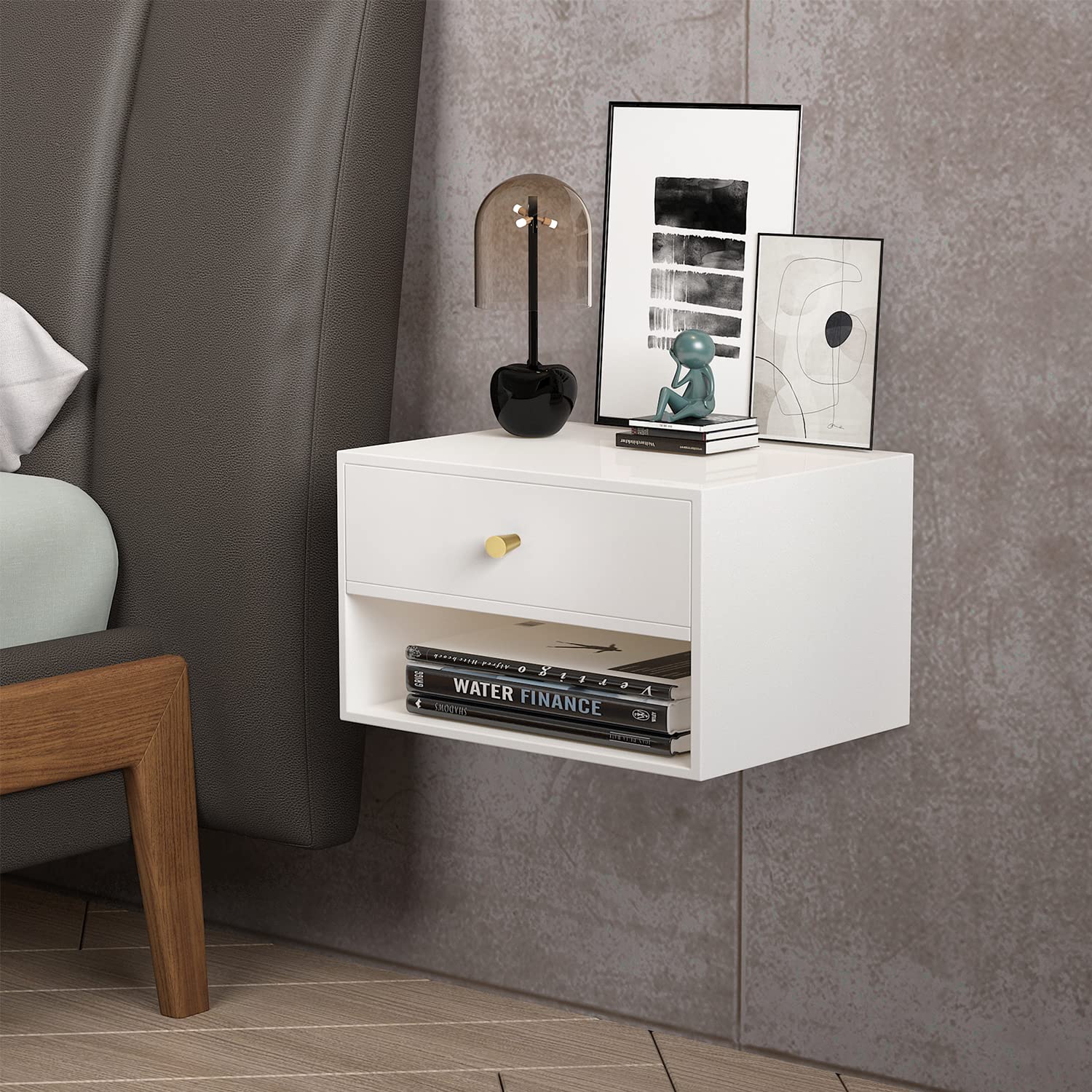 Modern Floating Nightstand with Drawer - White Wall Mounted Shelf for Bedroom & Living Room - Space Saving Storage Solution for Small Spaces