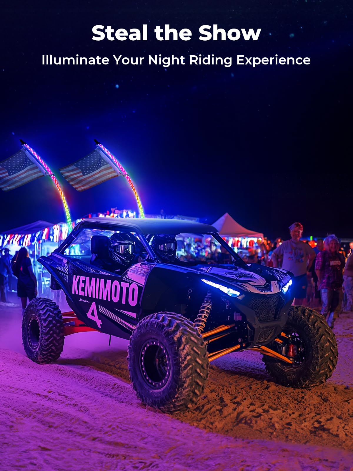 KEMIMOTO 2-Pack 5ft Bluetooth UTV Whip Lights with Turn Signal & APP Control - Compatible with Polaris RZR, Can-Am Maverick X3, Side by Side ATV, Buggy & Boat - Perfect for Off-Road Adventures, Night Riding & Safety Visibility