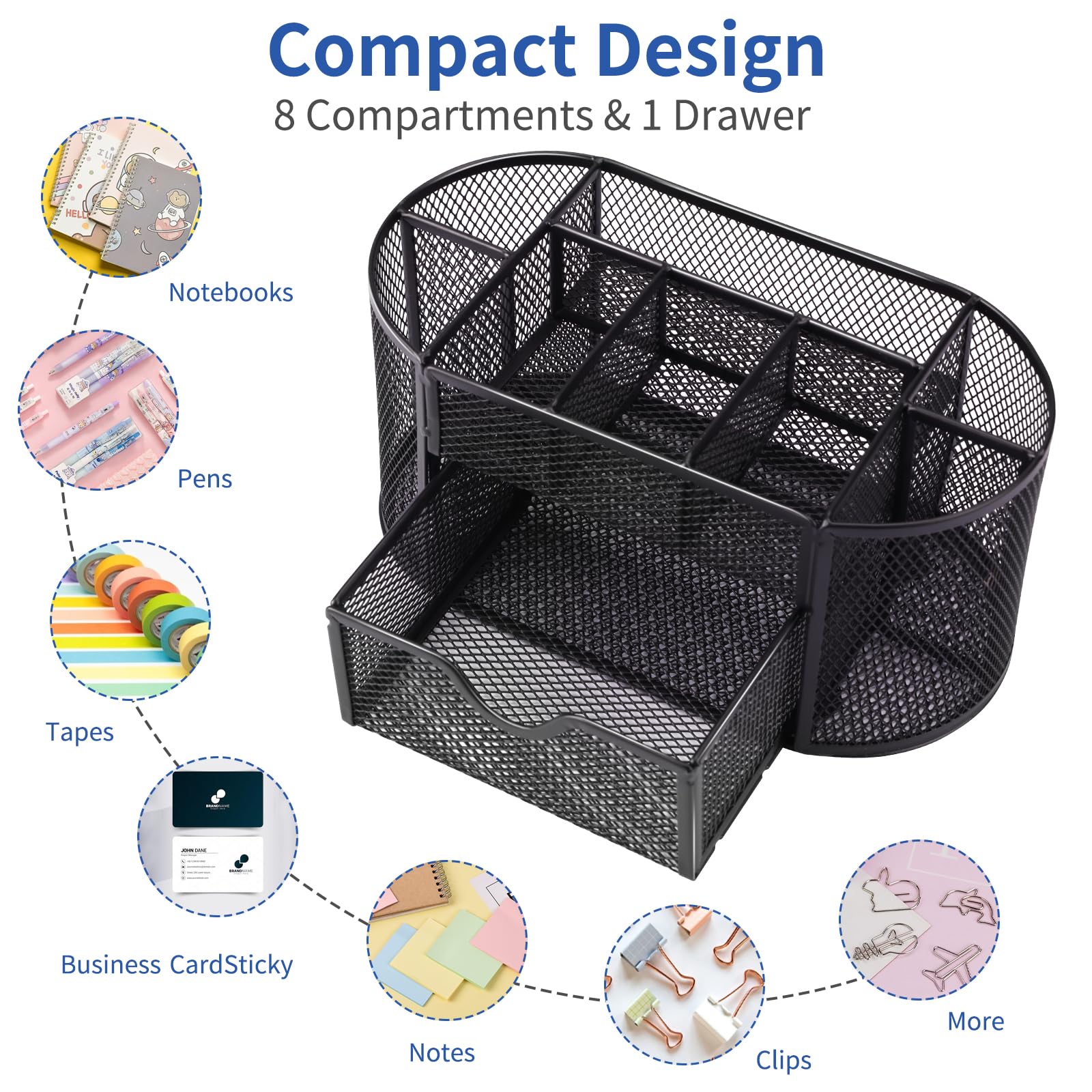 EOOUT Mesh Desk Organizer with 8 Compartments & Drawer - Pencil Holder, Office Supplies Storage, School Stationery Organizer for Home, Office, and Classroom Workspace Organization